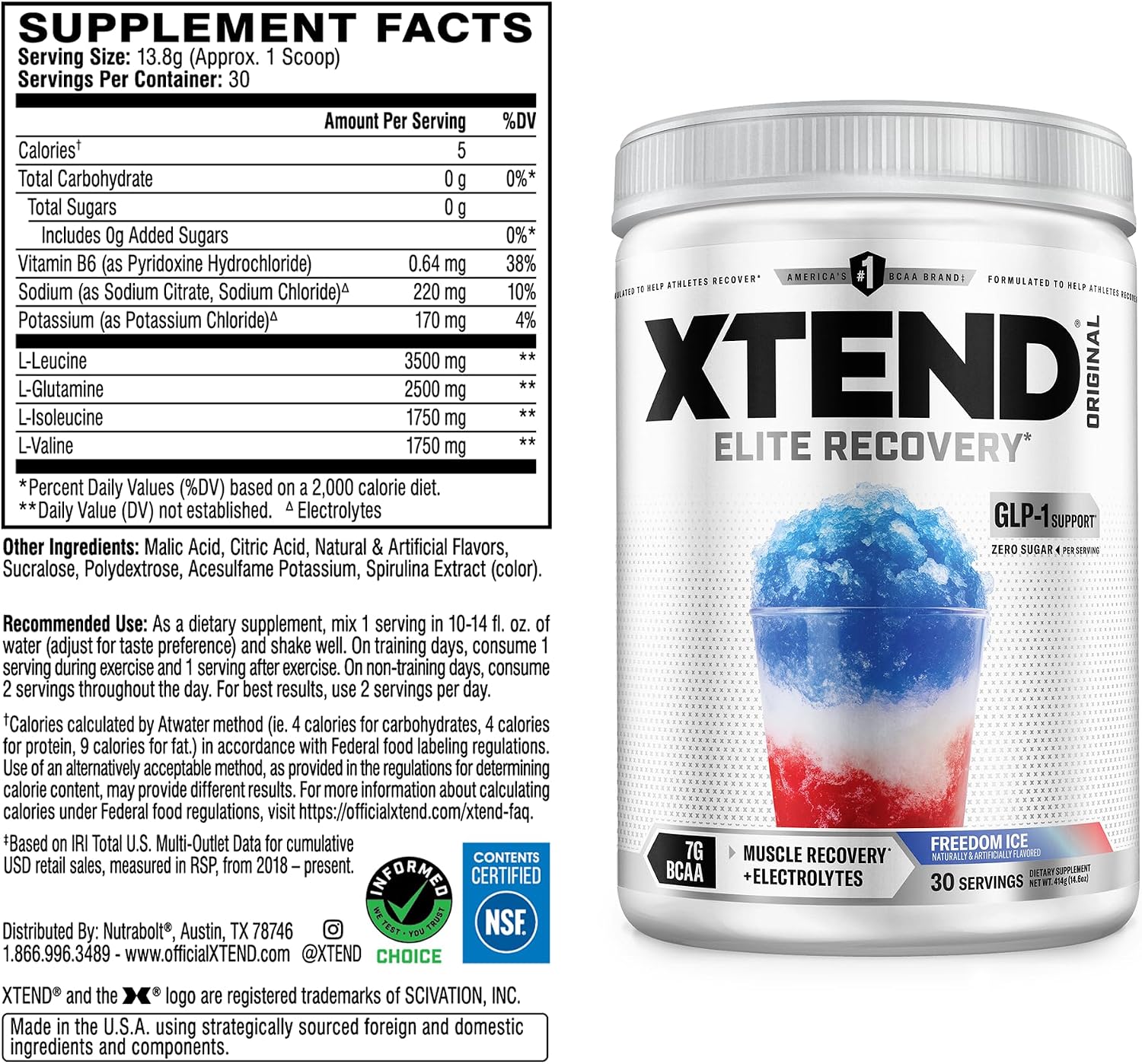 Xtend Original BCAA Powder, 7g BCAAs and 2.5g L-Glutamine for Muscle Recovery Hydration and Lean Muscle, Sugar Free Intra and Post Workout Drink with Electrolytes, Watermelon Explosion, 30 Servings