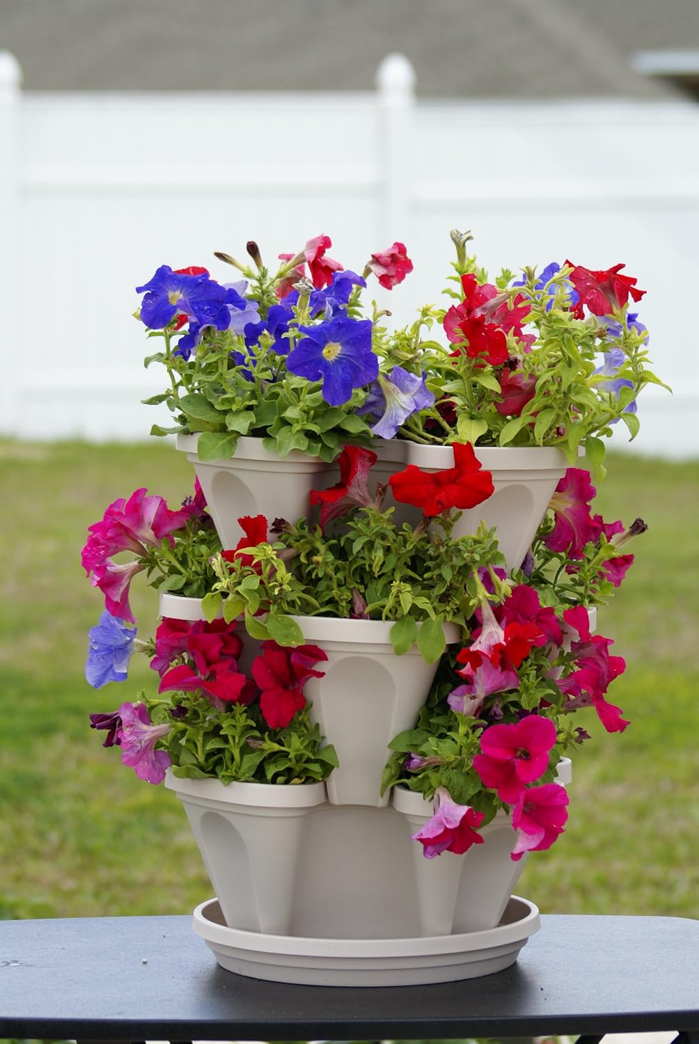 Mr. Stacky 3 Tier Stackable Herb Garden Planter Set with Bottom Saucer - Stone Color - Vertical Container Pots for Herbs, Strawberries, Flowers