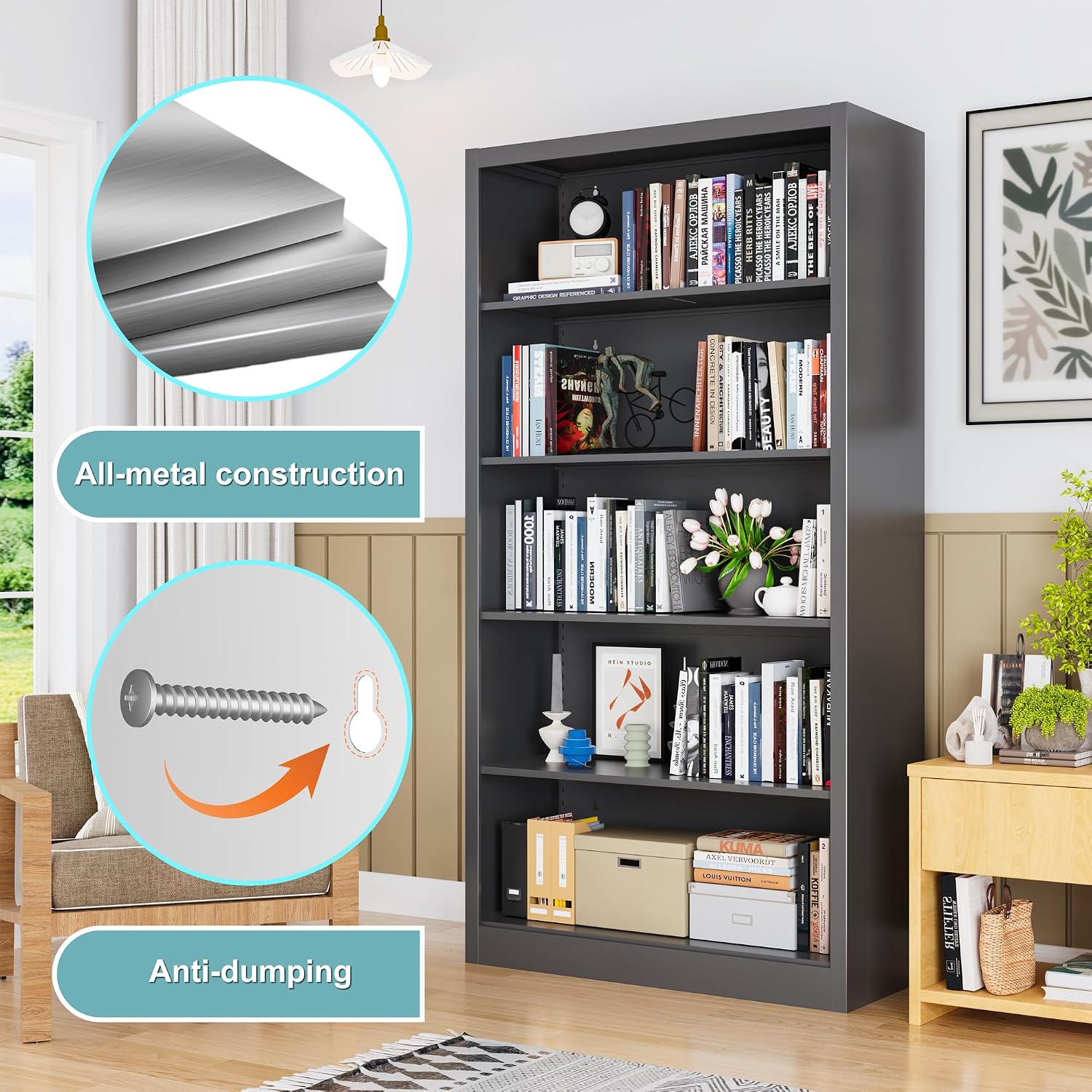 Bookcase,5 Tier White Bookshelves,66" Tall Free Standing Metal Bookcase with Adjustable Storage Shelves, Industrial Wide Bookshelf for Bedroom Living Room Home Office School