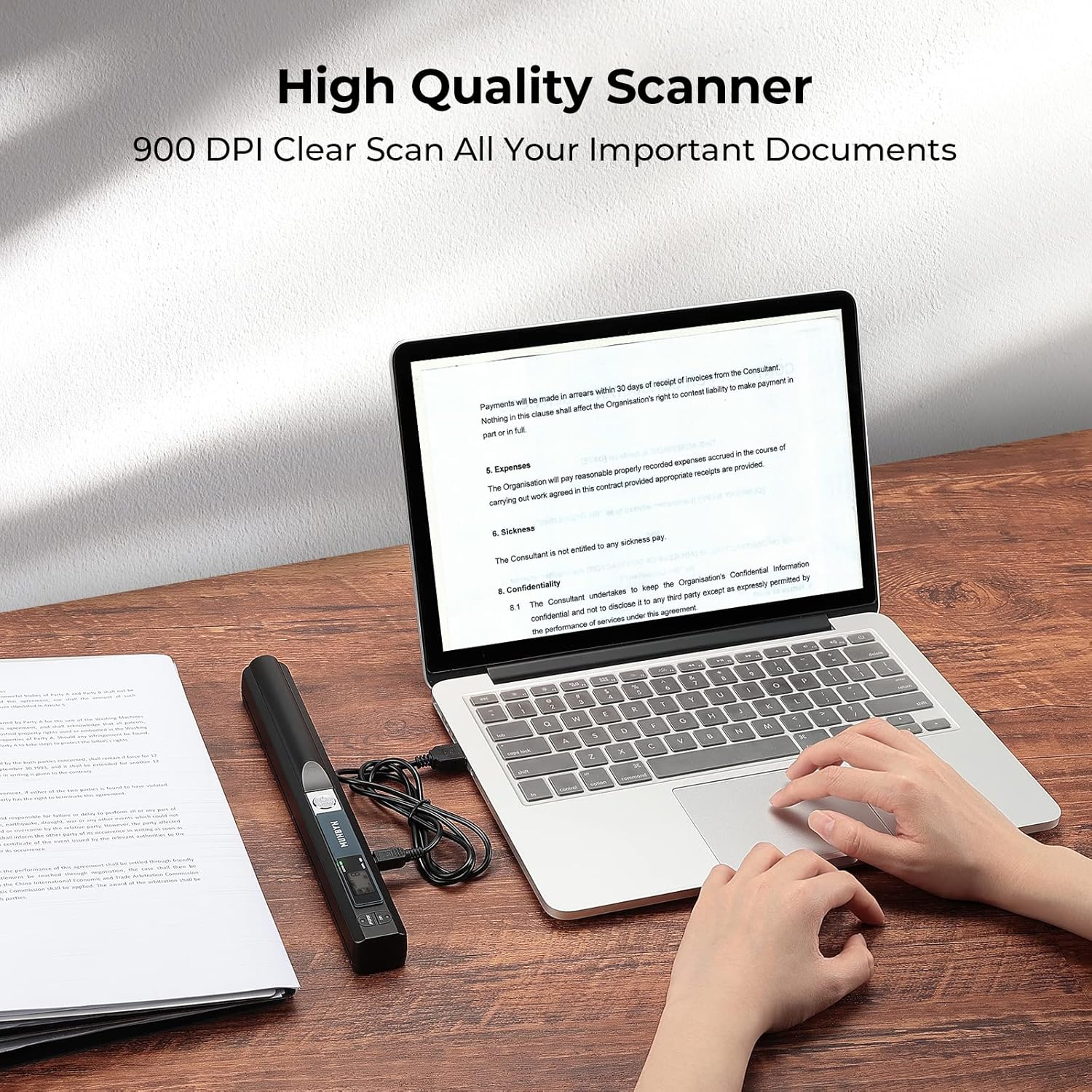 MUNBYN Portable Scanner, 900 DPI Handheld Wand Scanner, A4, 16GB SD, Black | A4 document/photo scanning, JPG/PDF output, flat scanning, USB transfer to PC/laptop, 16GB SD card included, no driver needed