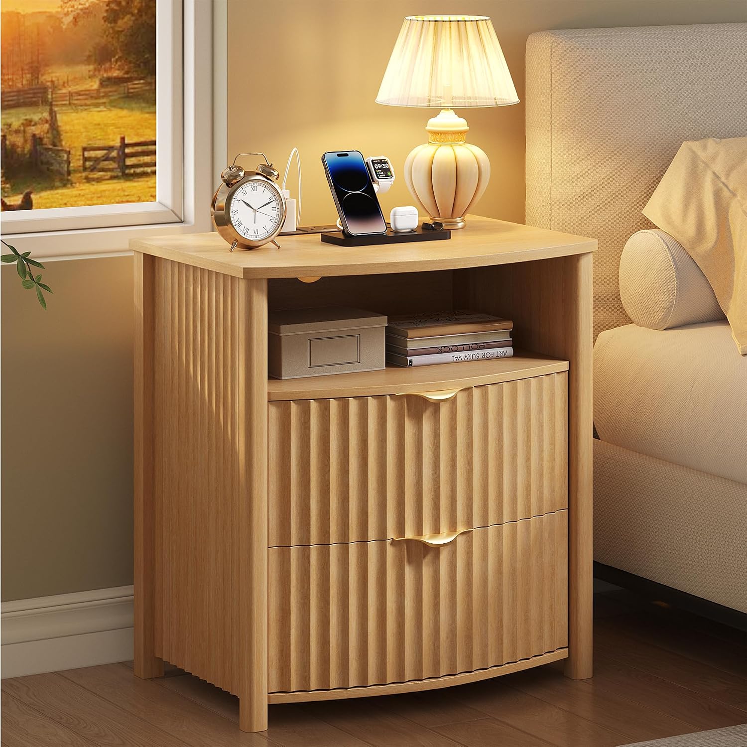 Dystler Fluted LED Night Stand with Hidden Gun Drawer & Charging | 19.7" W Curved Smart Bedside Table, 3-Color LED lights, 2 Drawers, Nightstand with Card-Lock, End Table for Bedroom, Walnut
