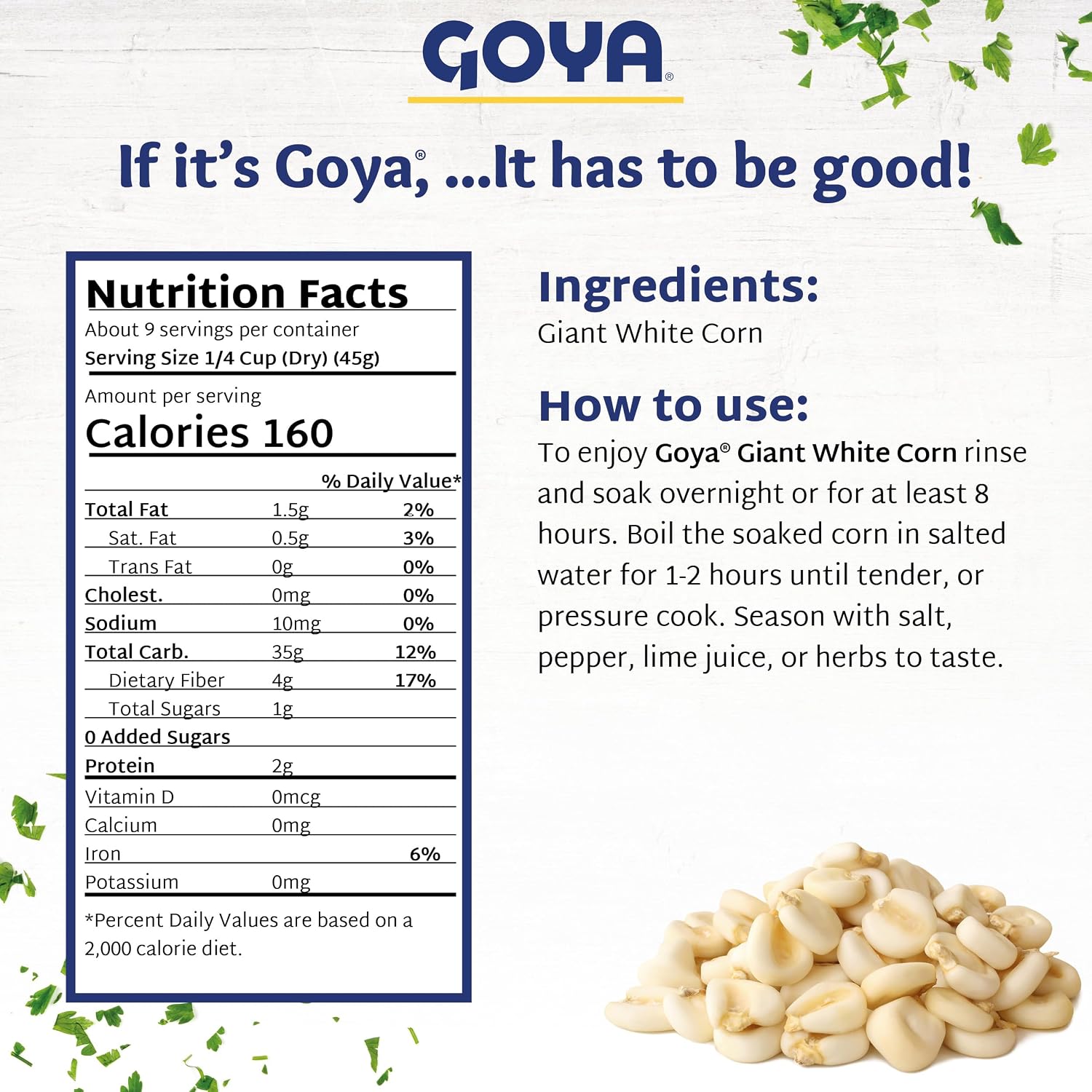Goya Giant White Corn, Whole White Hominy, Maíz Mote Pelado, Hominy, 14oz | Whole White Hominy, Mexican Corn, Dried White Corn Kernels