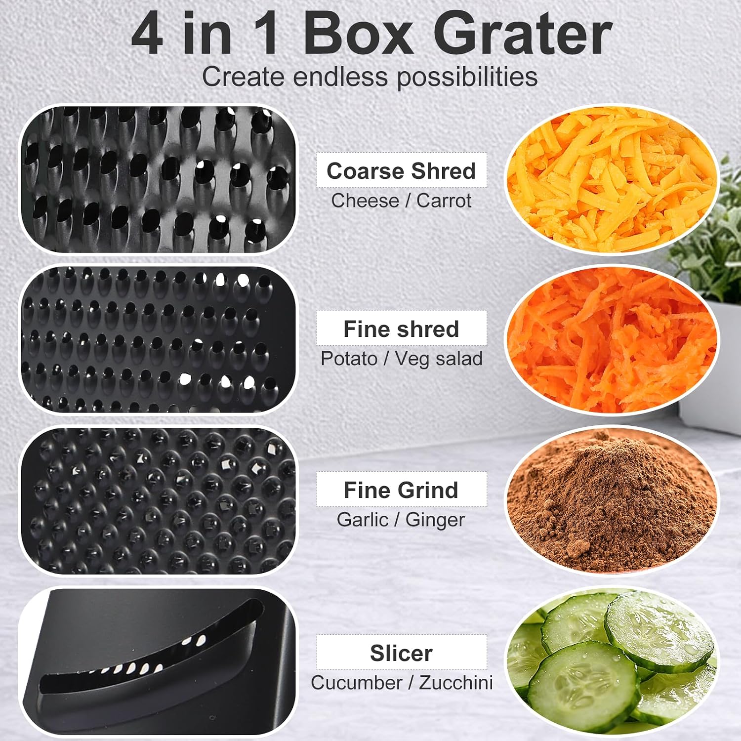 Ourokhome Cheese Grater with Handle, Stainless Steel Box Grater, 4 Side Kitchen Vegetable Shredder Slicer Zester with Container for Parmesan, Cabbage