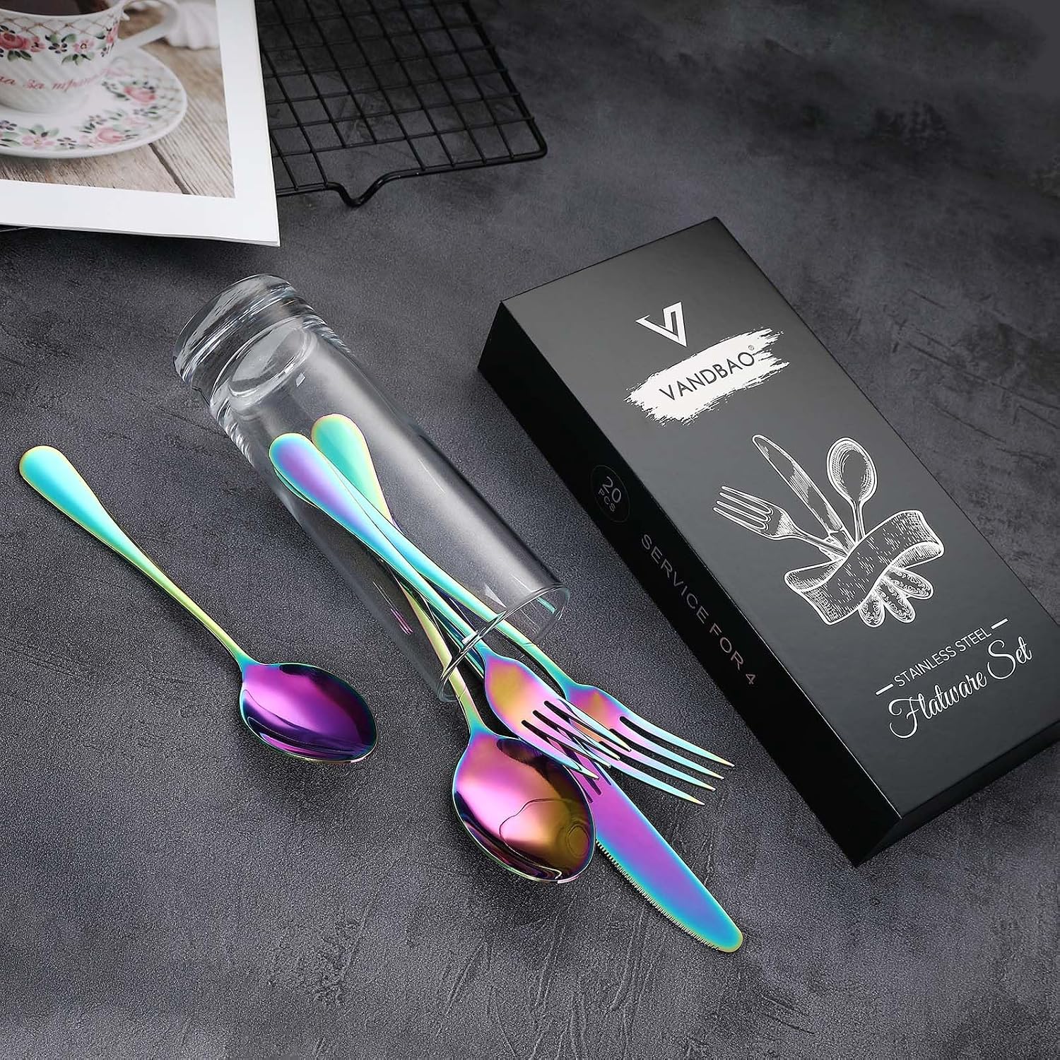 VANDBAO Rainbow Flatware Cutlery Silverware Set 20 Pieces, Stainless Steel Colorful Utensils, Tableware Set Service for 4, Include Knife/Fork/Spoon