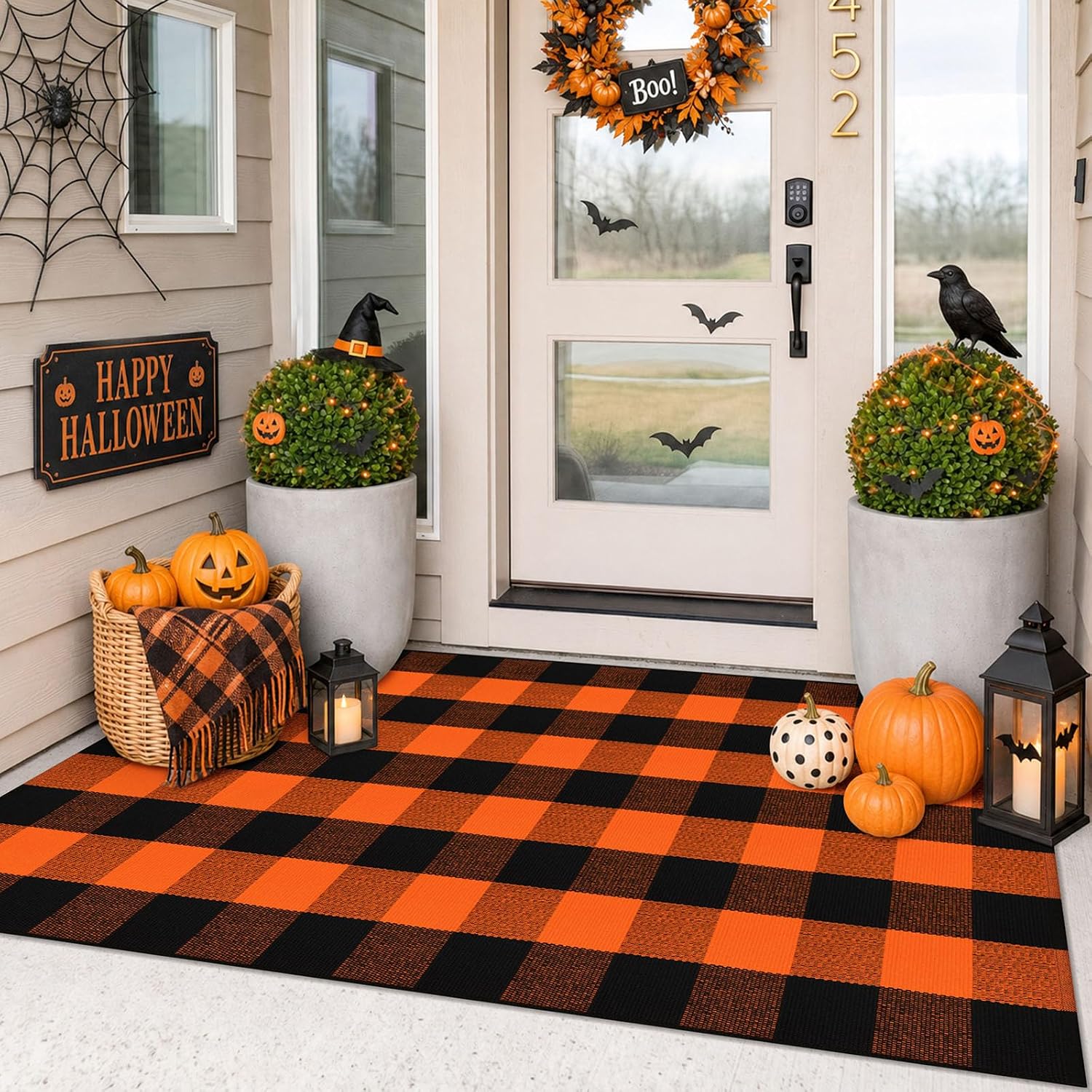 IOHOUZE 27.5x43 Buffalo Plaid Rug, Washable Front Door Mat, Black White