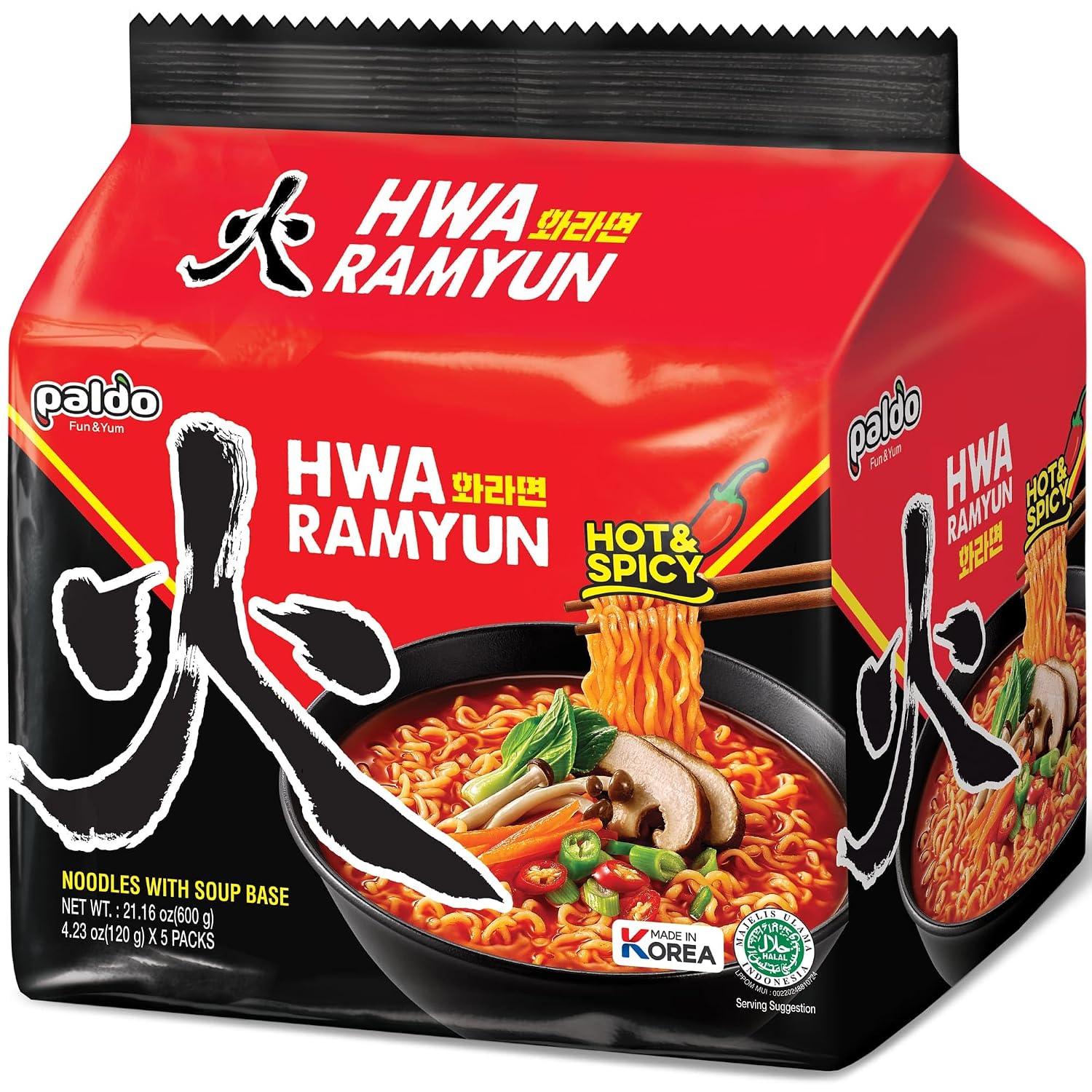 Paldo Fun & Yum Hwa Ramyun, Authentic Korean Imported, Spicy Soup Ramen, Quick & Easy to Cook Instant Noodles, Family Size 4/5-Pack