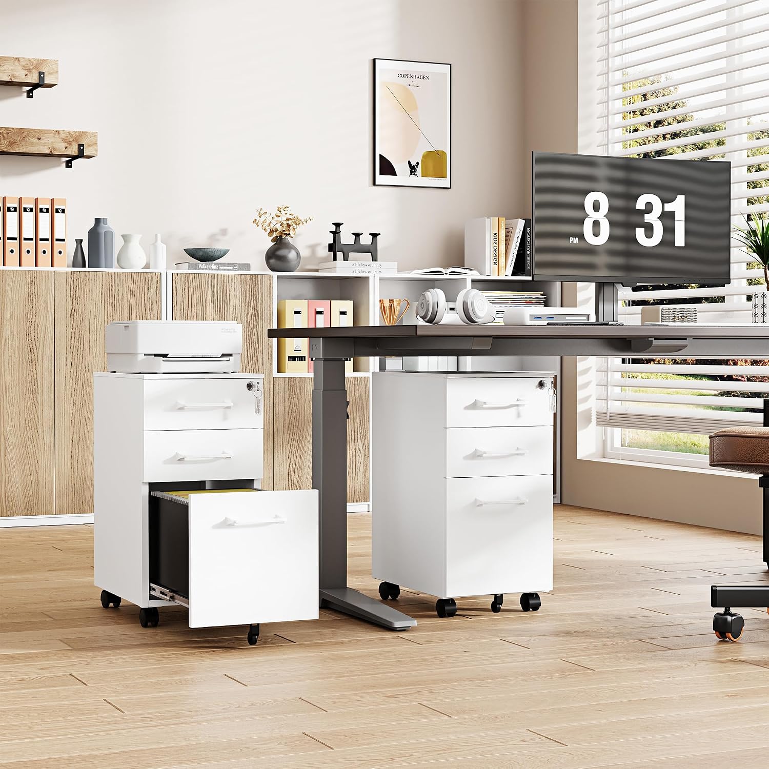 3 Drawer File Cabinet with Lock,Mobile Lateral Filing Cabinet with Side Hook for Letters/Legal/A4, Metal Printer Stand Storage Cabinets with Shelves for Home Office(Black)