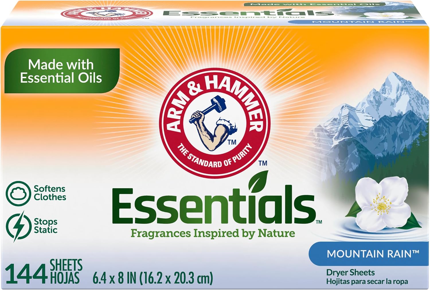 ARM & HAMMER Fabric Softener Dryer Sheets, Mountain Rain, 144 Count | Softens Clothes, Reduces Static Cling, Essential Oil Infused