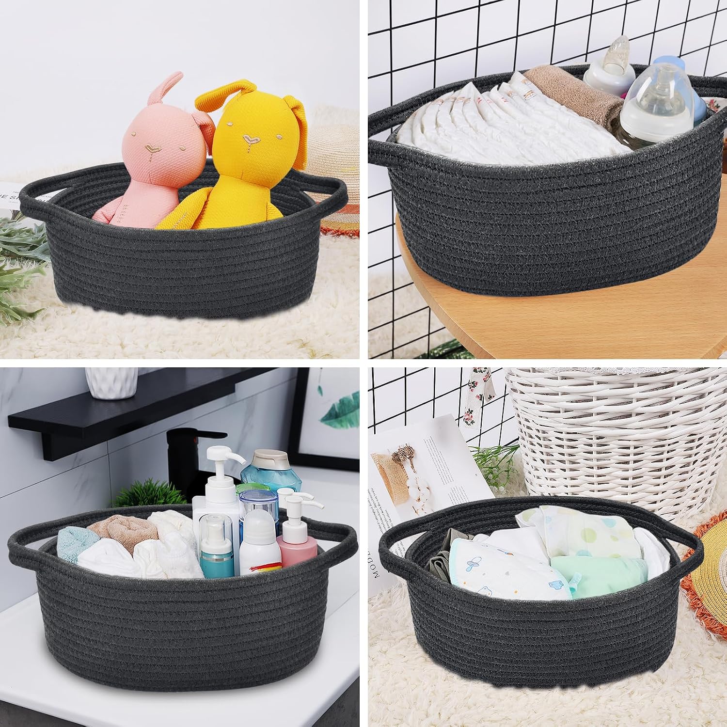 ABenkle Small Basket with Handles, Boho Decorative Rope Woven Dog Cat Toy Storage Bin Shelf Storage Organizer, Easter Christmas Gift Basket, 12"x8"x5"