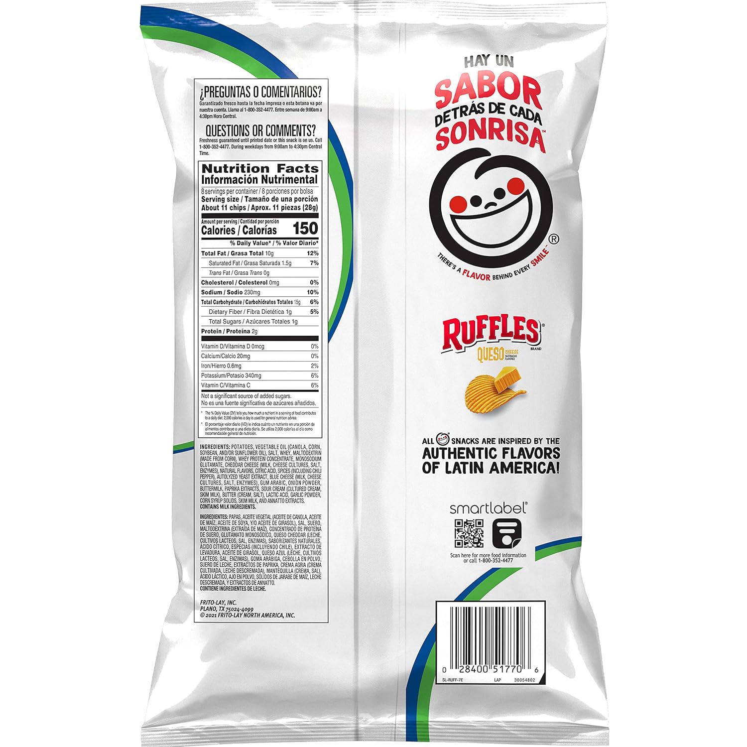 Ruffles Potato Chips, Queso, Cheddar Cheese, 8 Ounce