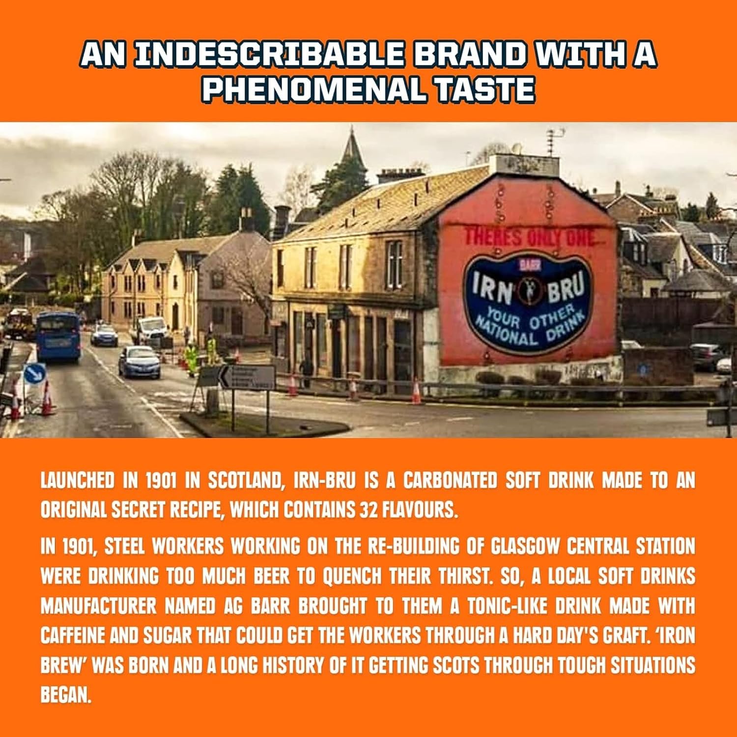 IRN-BRU Original Scottish Sparkling Soda, Citrus Flavored Carbonated Drink - Sparkling Flavored Soft Drink, 32 Flavor Recipe, 16.9 fl oz Bottles, Pack of 12