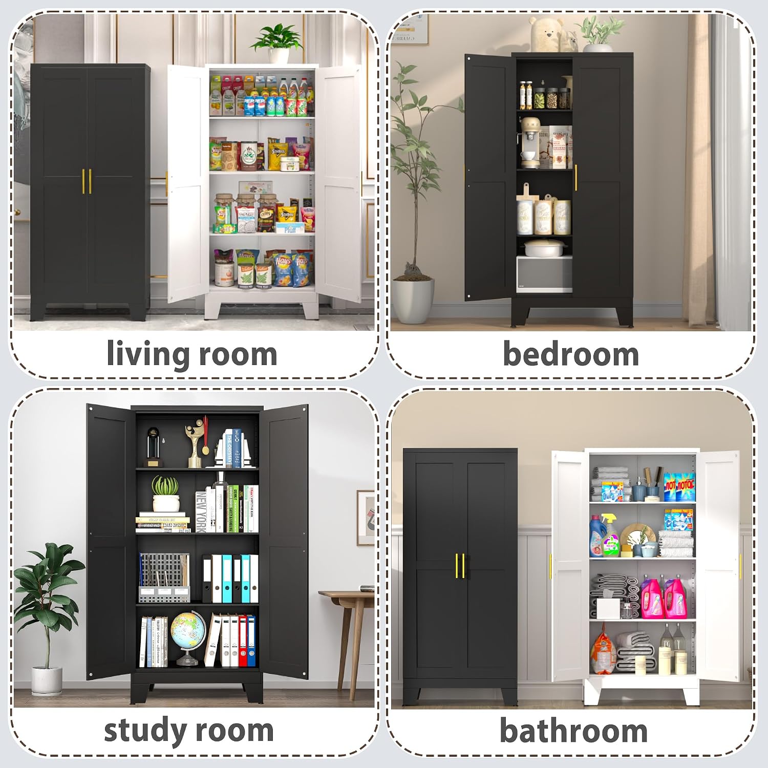 GAIOUS 75.2" Tall Metal Kitchen Pantry Storage Cabinets with 2 Door and 5 Adjustable Shelves, Cupboard for Kitchen, Dining Room, Living Room and Bathroom, White