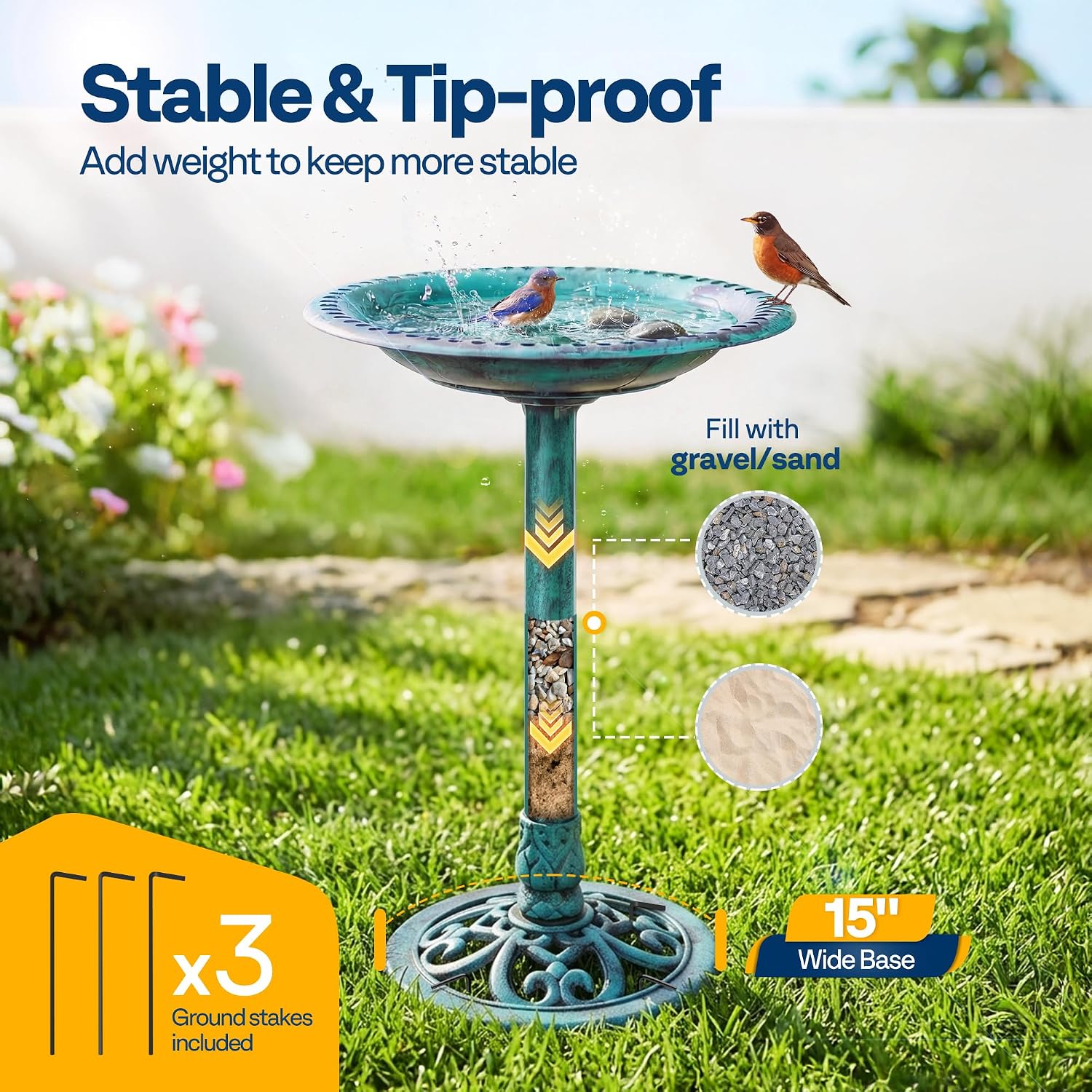 VIVOHOME Bird Bath for Outside, Polyresin Pedestal Birdbath, Green | Weather-Resistant, 20-Inch Bowl, 28-Inch Height, for Outdoor/Garden, Bird-Friendly, Easy to Clean