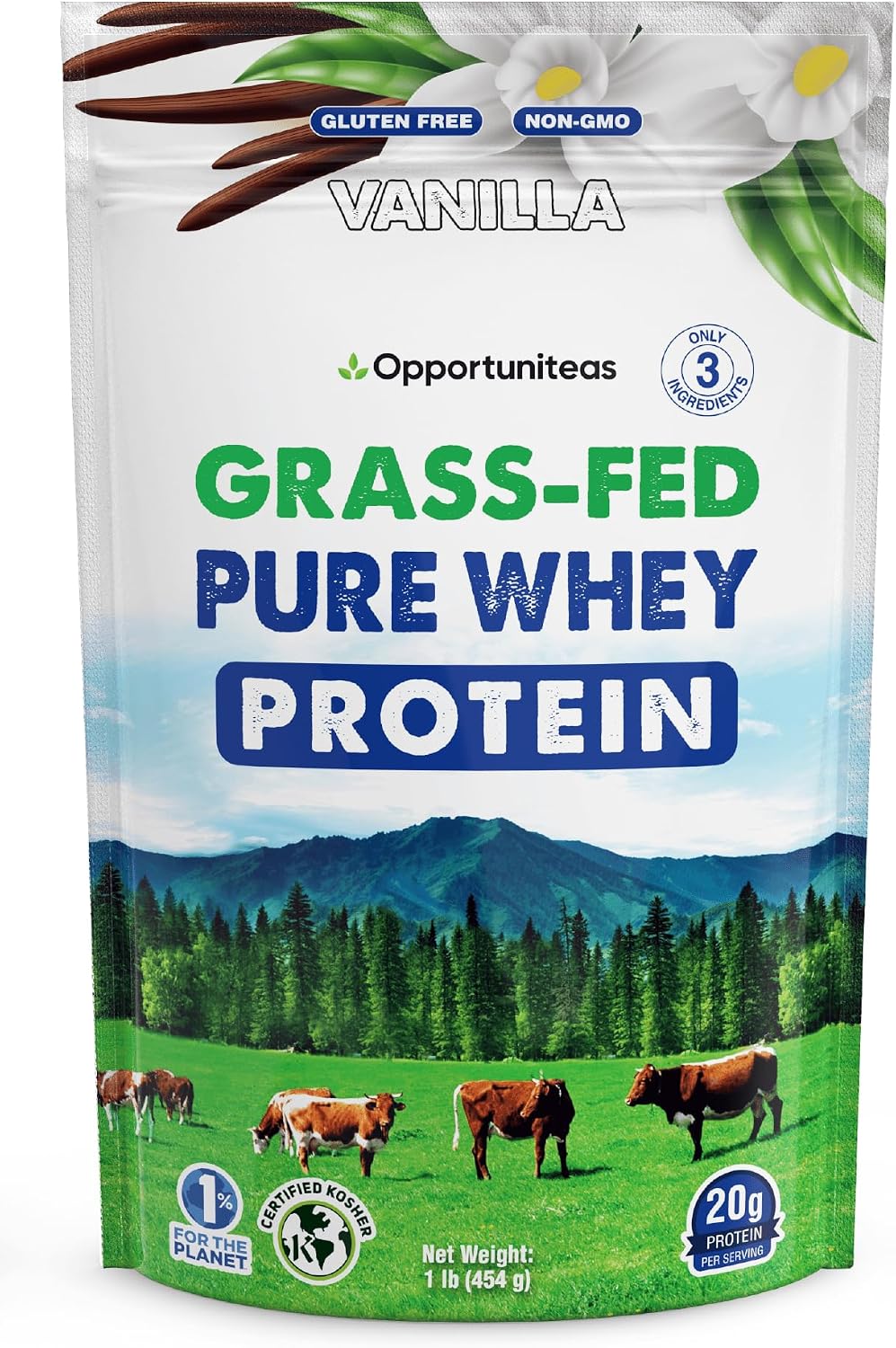 Grass Fed Whey Protein Powder Concentrate - 1 Ingredient - Pure Protein Supplement for Drink, Smoothie, Shake, Cooking & Baking - Non GMO, Hormone Free & Gluten Free - 1 Pound