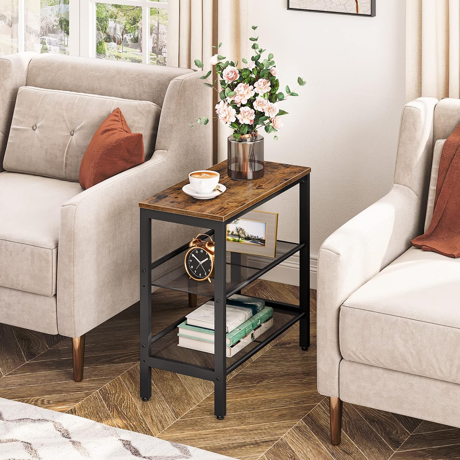 HOOBRO End Table, 3-Tier Narrow Side Table, Nightstand with 2 Flat or Slant Adjustable Shelves for Small Spaces, Hallway, Living Room, Bedroom, Sturdy