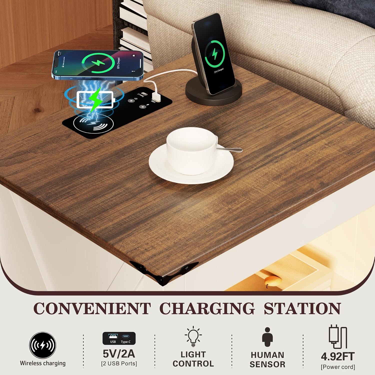 Farmhouse LED Nightstand with Gun Drawer&Invisible Lock,Modern Bedside Table with Human Sensor Design,Rustic Side Table with Wireless Charging for Living Room, Dark Oak