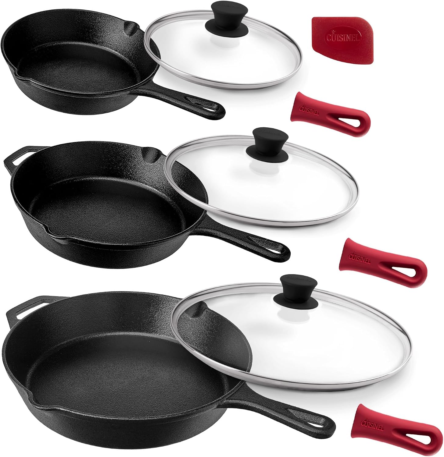 Cuisinel Cast Iron Skillet with Lid - 10"-Inch Pre-Seasoned Frying Pan + Glass Cover + Heat-Resistant Handle Holder - Indoor/Outdoor Use - Grill, Stove, Camp Firepit, Induction - Oven Safe Cookware