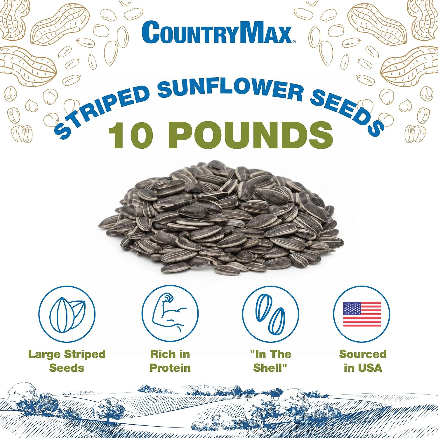CountryMax Shelled Sunflower Chips 10 lb - No Waste Bird Seed for Outside Feeders, Resealable Bag of Wild Bird Feed | For Smaller Beaks, No Mess, No Waste. High Energy & USA Sourced. For Ground Feeding or Bird Feeders, For Year-Round Feeding