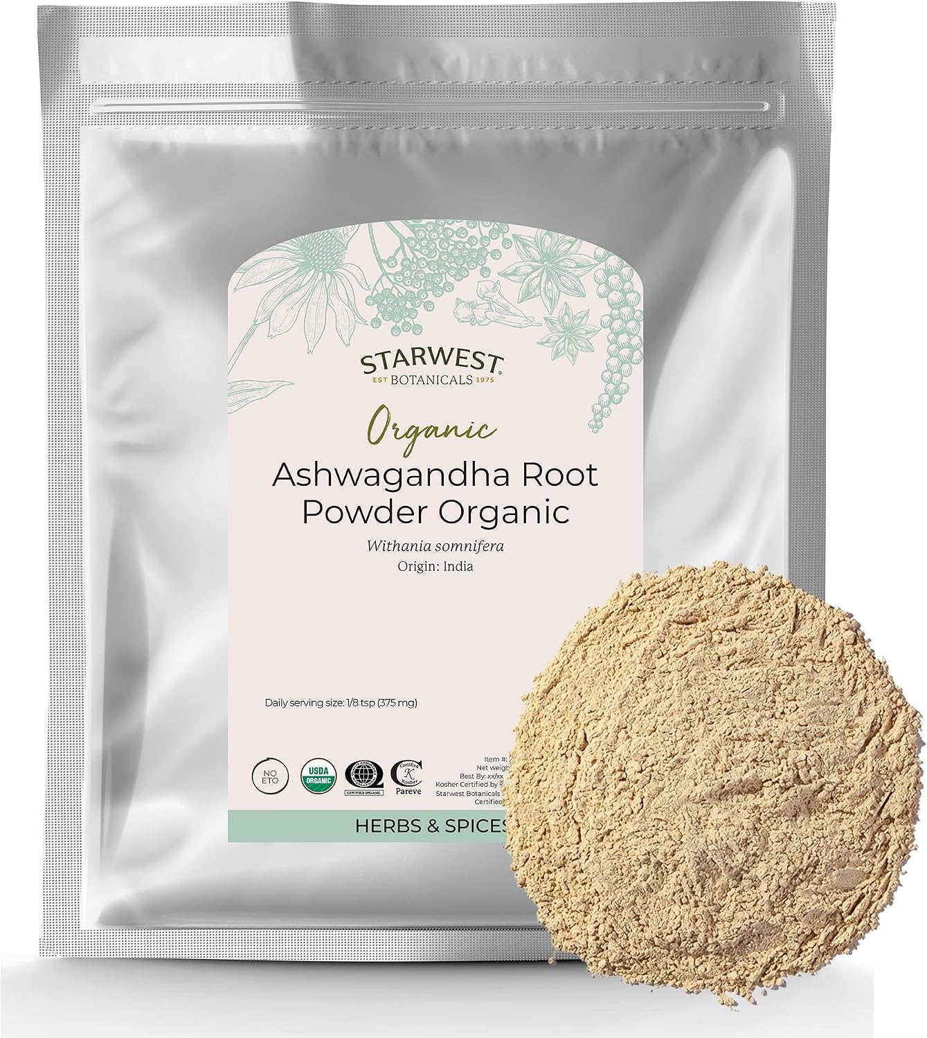 Starwest Botanicals Organic Ashwagandha Root Powder - Bulk 1 lb Bag | Dried Herb for Tea & Natural Herbal Blends, Certified Kosher, Non-GMO