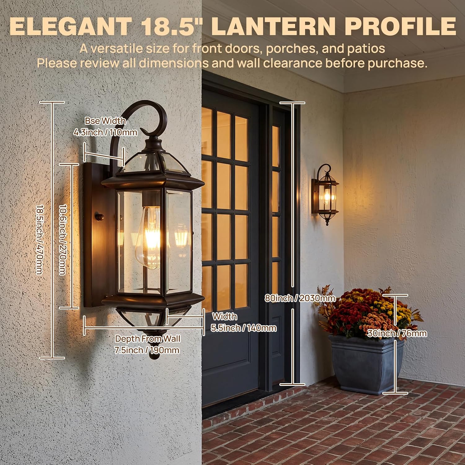 Solid Copper Outdoor Wall Light, 18.5" Oil Rubbed Bronze Porch Lantern with Clear Beveled Glass, Exterior Wall Sconce for Front Door, Garage