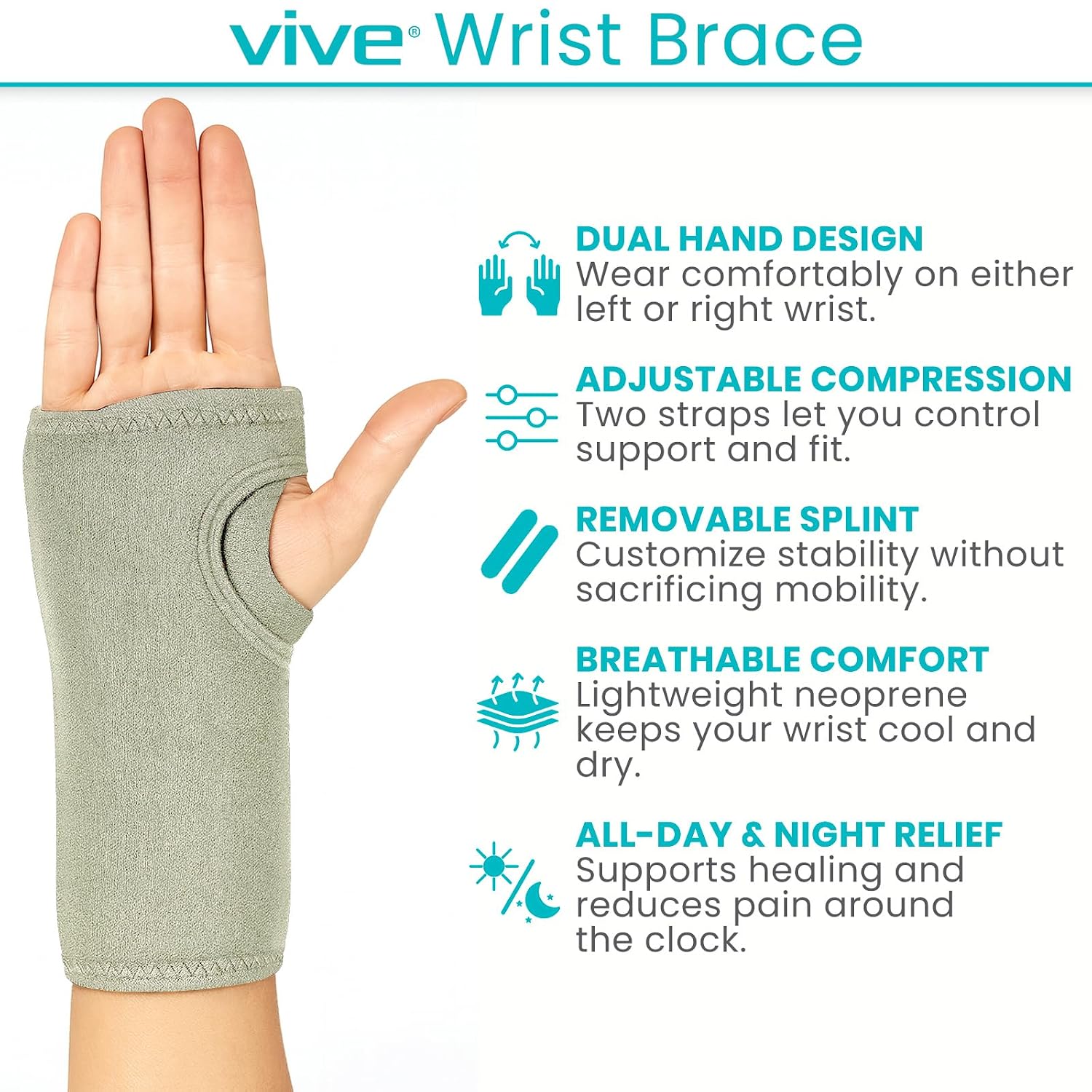 Vive Wrist Brace - Carpal Tunnel Hand Compression Support Wrap for Men | Women, Tendinitis, Bowling, Sports Injuries Pain Relief - Removable Splint - Universal Ergonomic Fit (Black, Right)