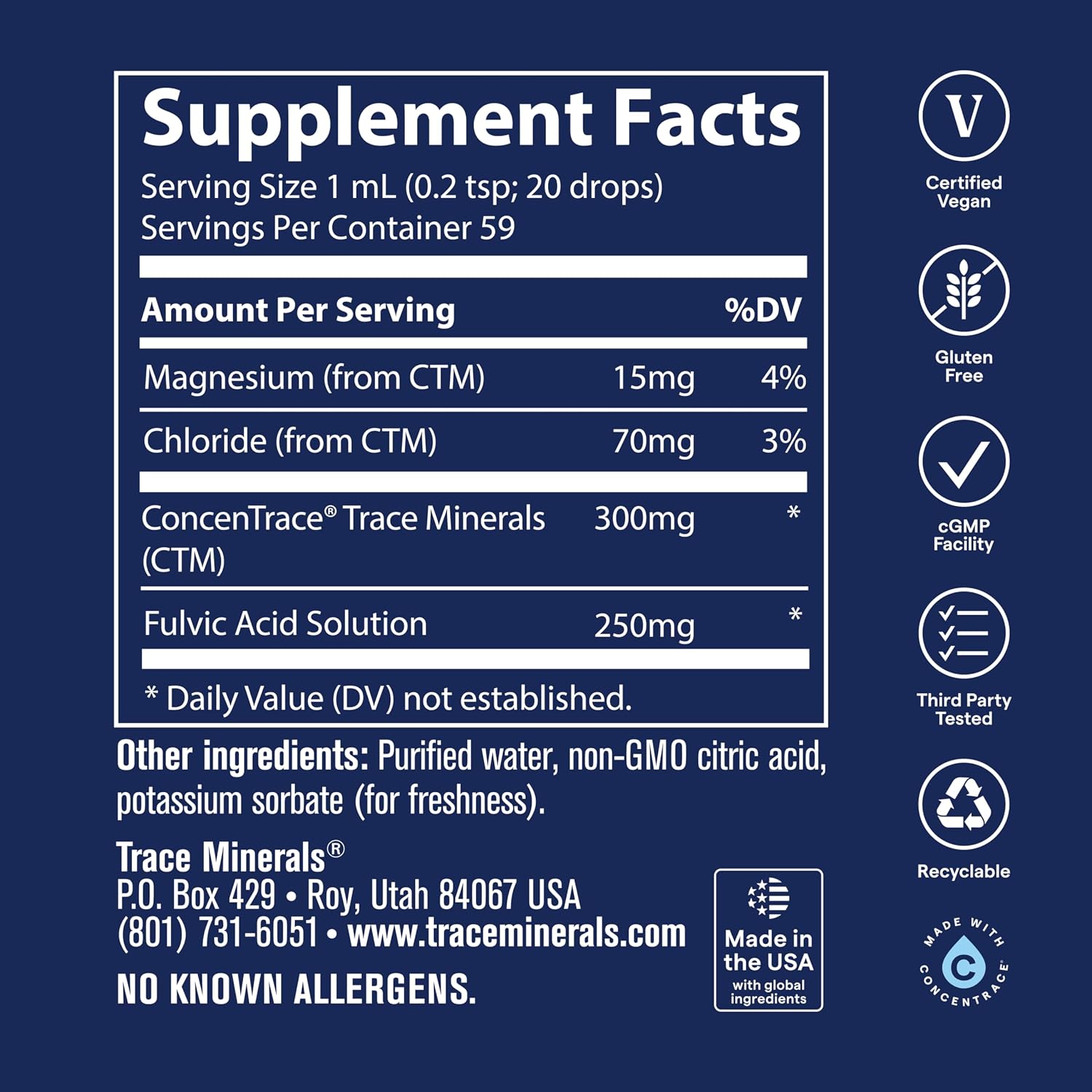 Trace Minerals Ionic Fulvic Acid Mineral Drops, 250mg, 2 fl oz, 59 Servings | Full spectrum ionic trace minerals, concentrated fulvic acid solution