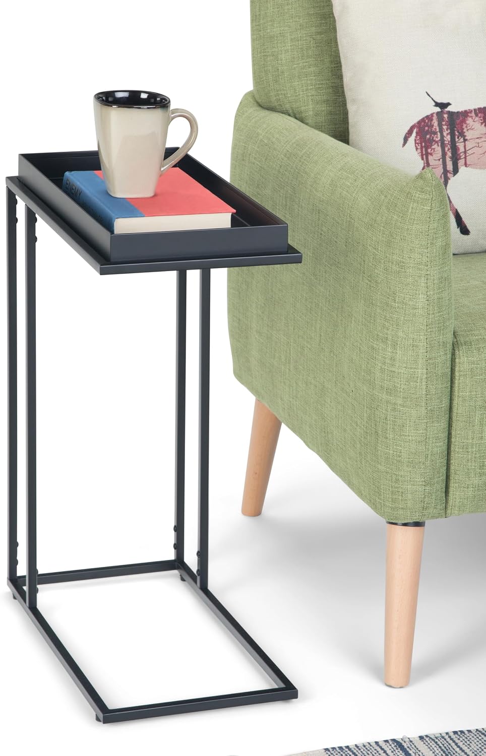 SIMPLIHOME Skyler 18" Wide Solid Wood C-Side End Table in Dark Cognac Brown | Industrial slide-under accent table with open frame, assembled; perfect for living rooms as a side table or sofa table.