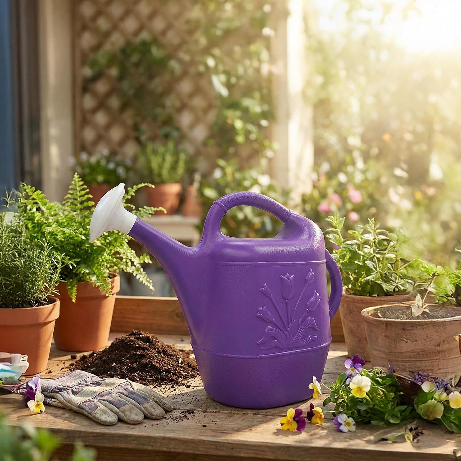 Union Products 63066 2 Gallon Plastic Indoor/Outdoor Watering Can w/Tulip Design for Garden, Potted Plants, & Patio Pots, Caribbean Blue