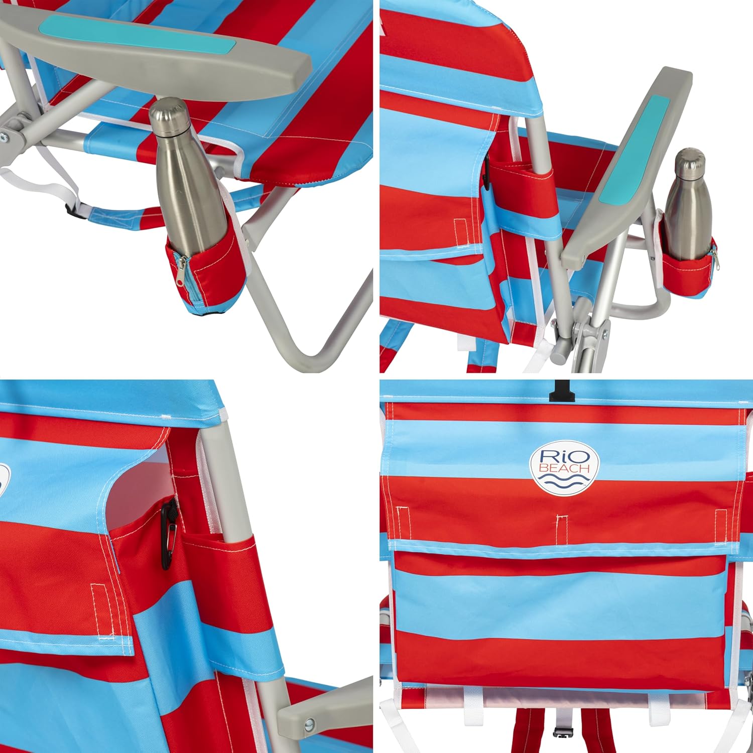 Rio Beach 2-Pack Wide Big Boy 4-Position Backpack Beach Chair with Pillow, Arms, and Storage Pouch, Lightweight Outdoor Portable Camping Chair with Carry Straps, Supports up to 300 lbs., Blue/Red