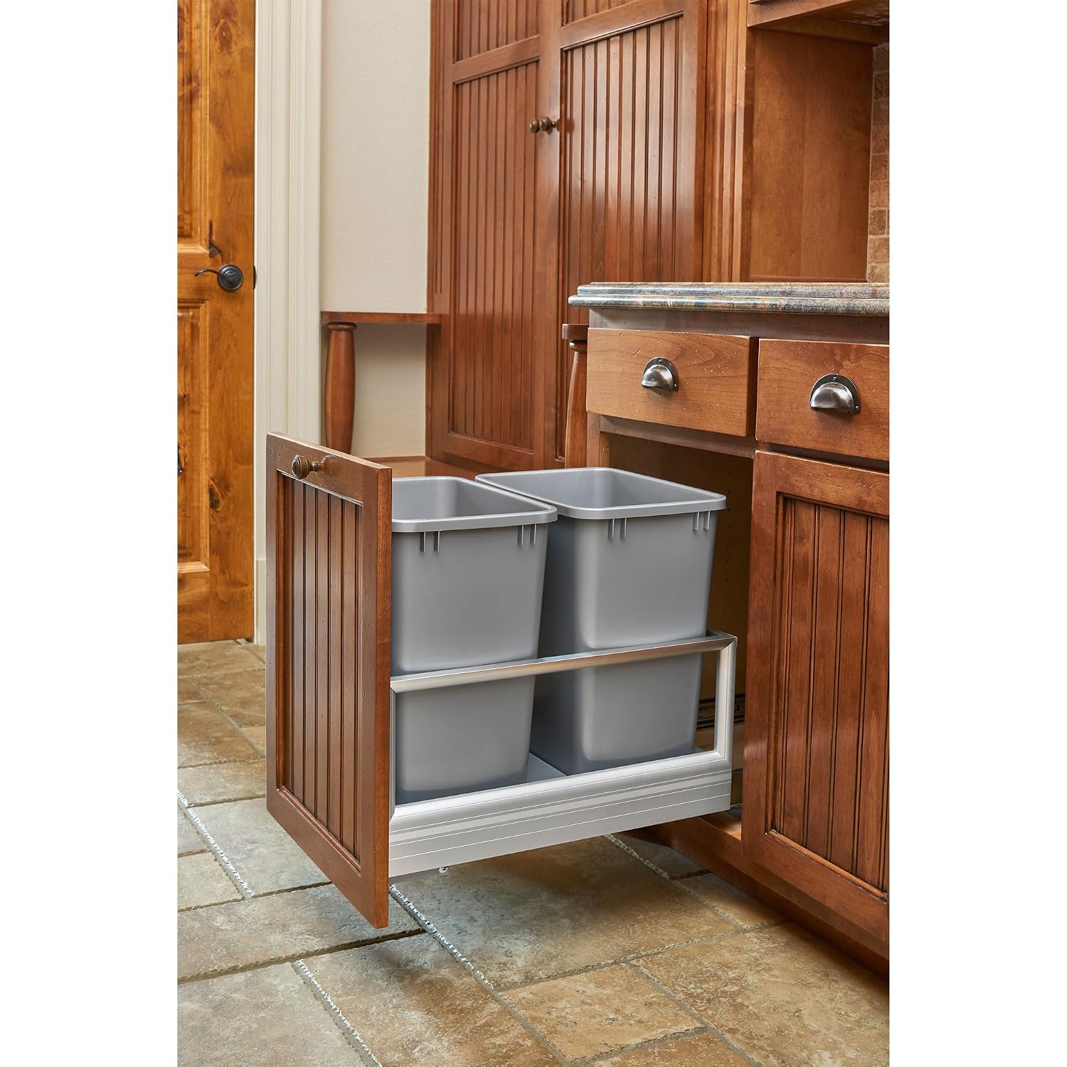 Rev-A-Shelf Double 50 Qt Pull Out Trash Can w/Soft-Close for Base Kitchen Cabinets, Min Opening Width of 15.75", Silver, 5149-2150DM-217