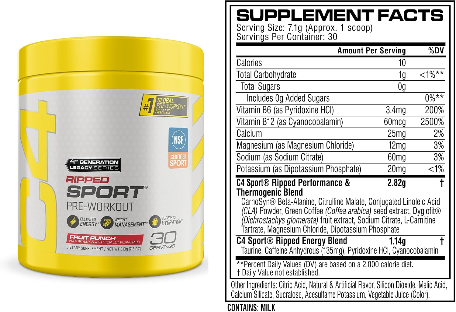 C4 Ripped Sport Pre Workout Powder, 135mg Caffeine, 30 Servings | Fruit punch flavor with 135mg caffeine, CLA, DygloFit & L-carnitine for energy