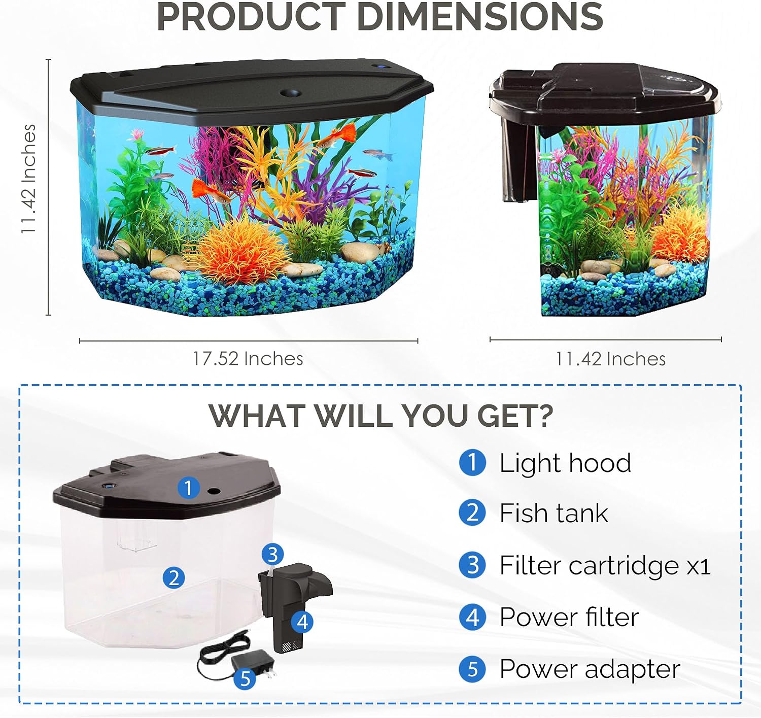 Koller Products Plastic 3-Gallon Aquarium Starter Kit with 4 Colors LED Lighting and Complete Filtration, Ideal for a Variety of Tropical Fish