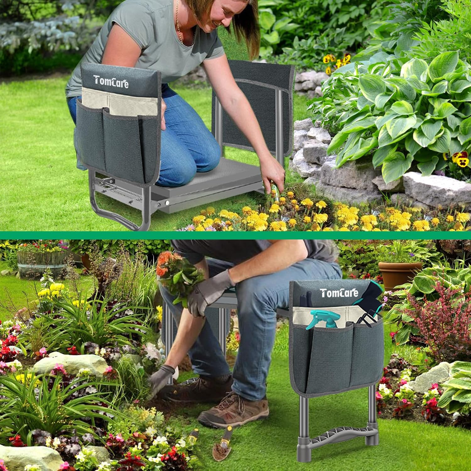 TomCare Garden Kneeler and Seat, 11.12" Kneeling Pad Sturdy Garden Bench | Heavy Duty Garden Stool, 450 lbs Load Capacity, 2 Tool Pouches, Foldable Design, Gardening Gift for Women, Men and Gardeners