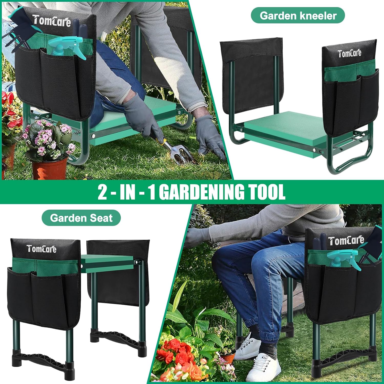 TomCare Garden Kneeler and Seat, 11.12" Kneeling Pad Sturdy Garden Bench | Heavy Duty Garden Stool, 450 lbs Load Capacity, 2 Tool Pouches, Foldable Design, Gardening Gift for Women, Men and Gardeners