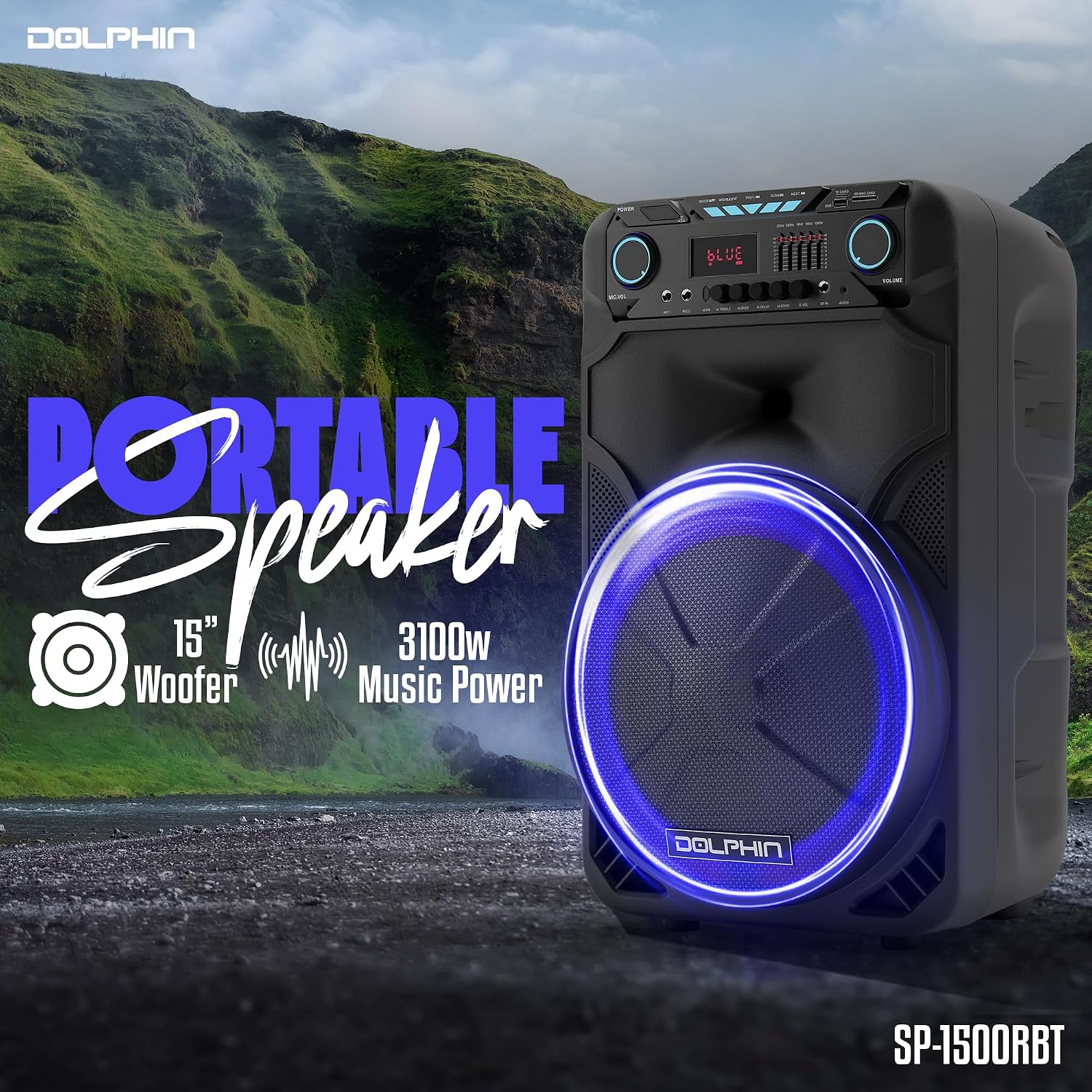 Dolphin Large Bluetooth Party Speaker with Wired Microphone, 15" Woofer | 140W Output, WaveSync Pairing, X-Bass, Digital EQ, USB, SD, FM & AUX Inputs