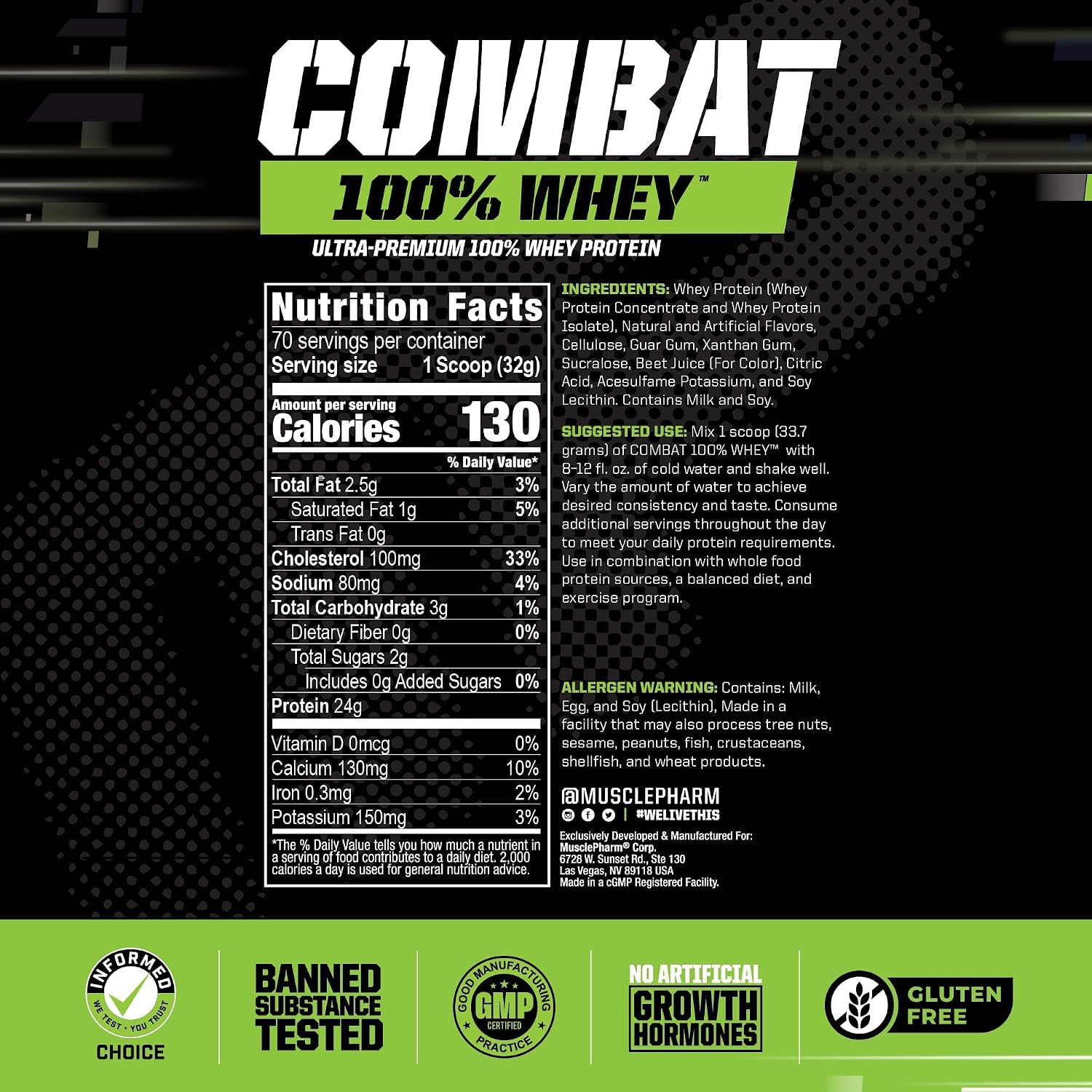 MusclePharm Combat 100% Whey Protein Powder, Vanilla Flavor, Fast Recovery & Muscle Gain with Whey Protein Isolate, High Protein Powder for Women & Men, Gluten Free, 5 lb, 70 Servings | Whey Protein Isolate, Fast Recovery Support, Muscle Gain Support, Hi…