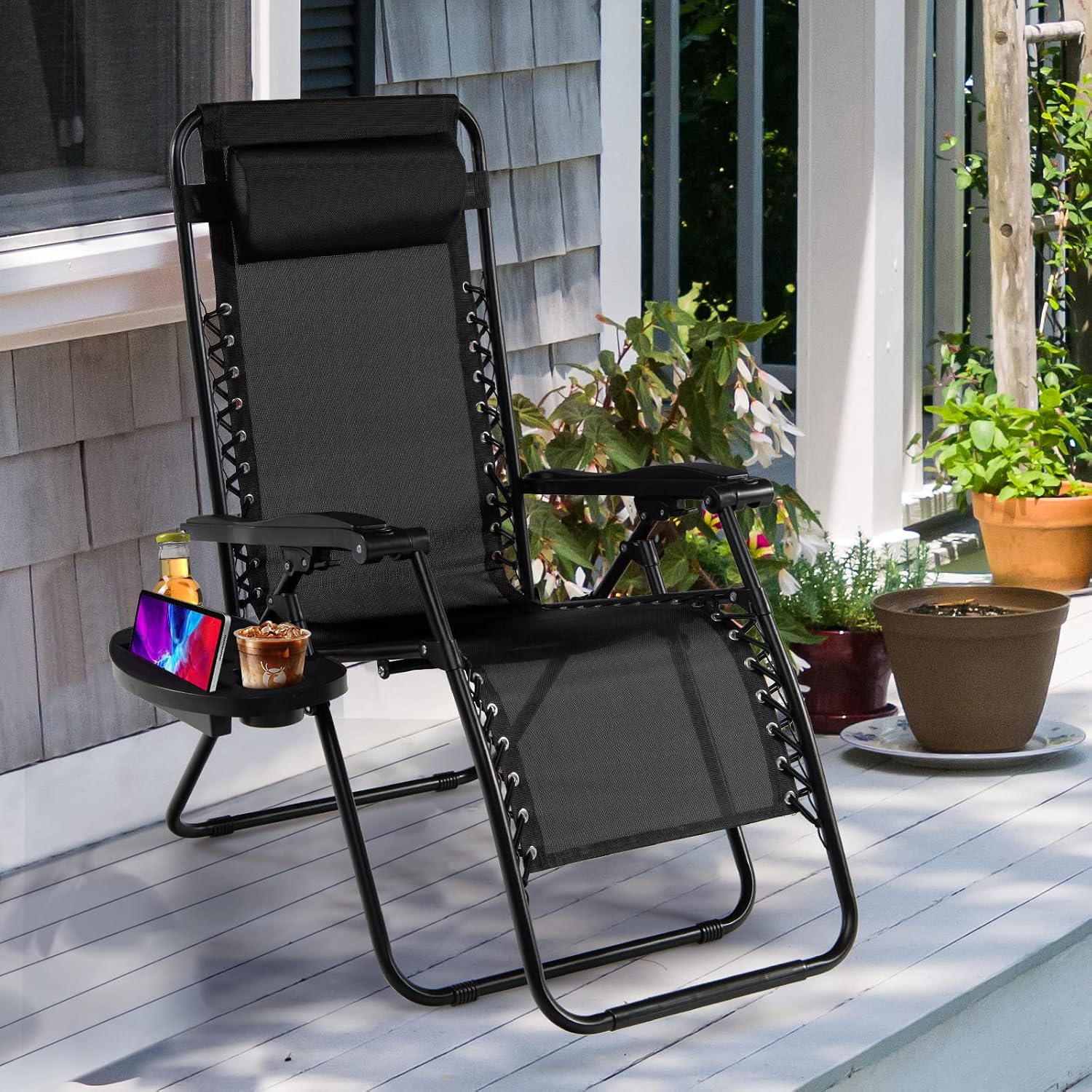 Goplus Zero Gravity Lounge Chairs, 160°Adjustable Folding Recliner w/Pillow and Cup Holder, 350LBS Comfy Outdoor Lounge Chairs for Patio, Lawn, Yard & Camp(1, Gray)