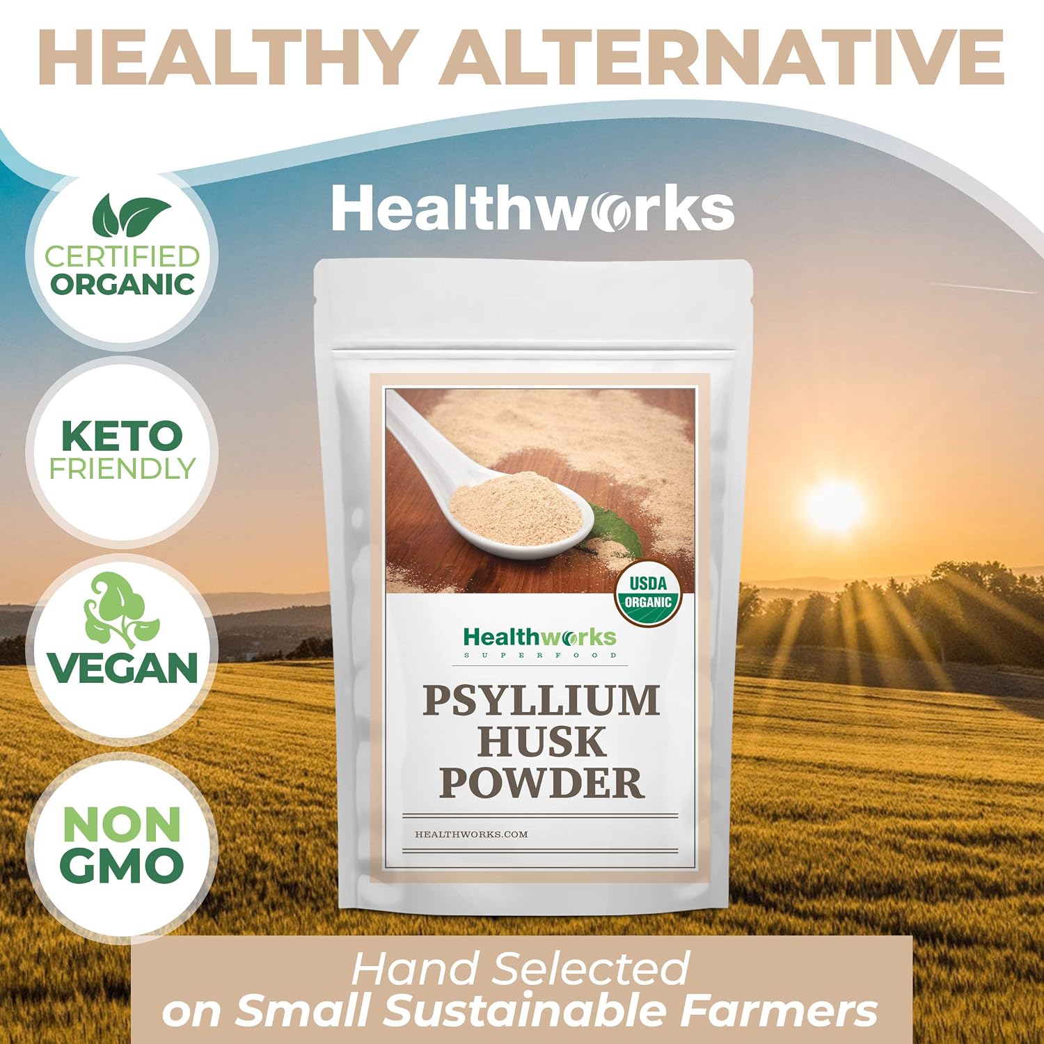 Healthworks Superfoods Organic Psyllium Husk Powder 2 lb Keto Soluble Fiber | Organic, Powder, 1 lb, Soluble Fiber, Digestive Support, Keto, Non-GMO, Vegan, For Gut Health, Prebiotic, Gluten-Free, Paleo