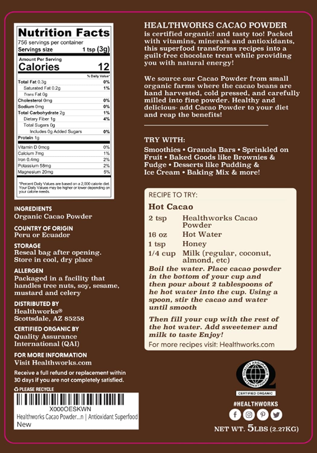 Healthworks Superfoods Organic Cacao Powder 1 lb Unsweetened Vegan Non-GMO | Organic, Unsweetened, Antioxidant, Magnesium, Non-GMO, Vegan, Keto, For Baking, For Smoothies, For Hot Chocolate, Paleo
