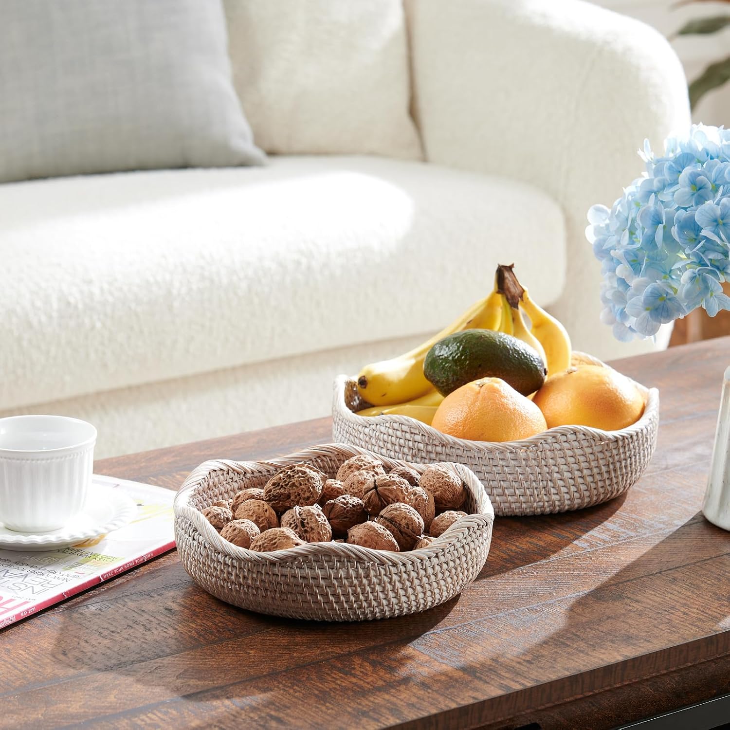 YANGQIHOME Rattan Bread Basket, Round Fruit Baskets, Wicker Storage Bowls, Natural Woven Serving Basket Bowls