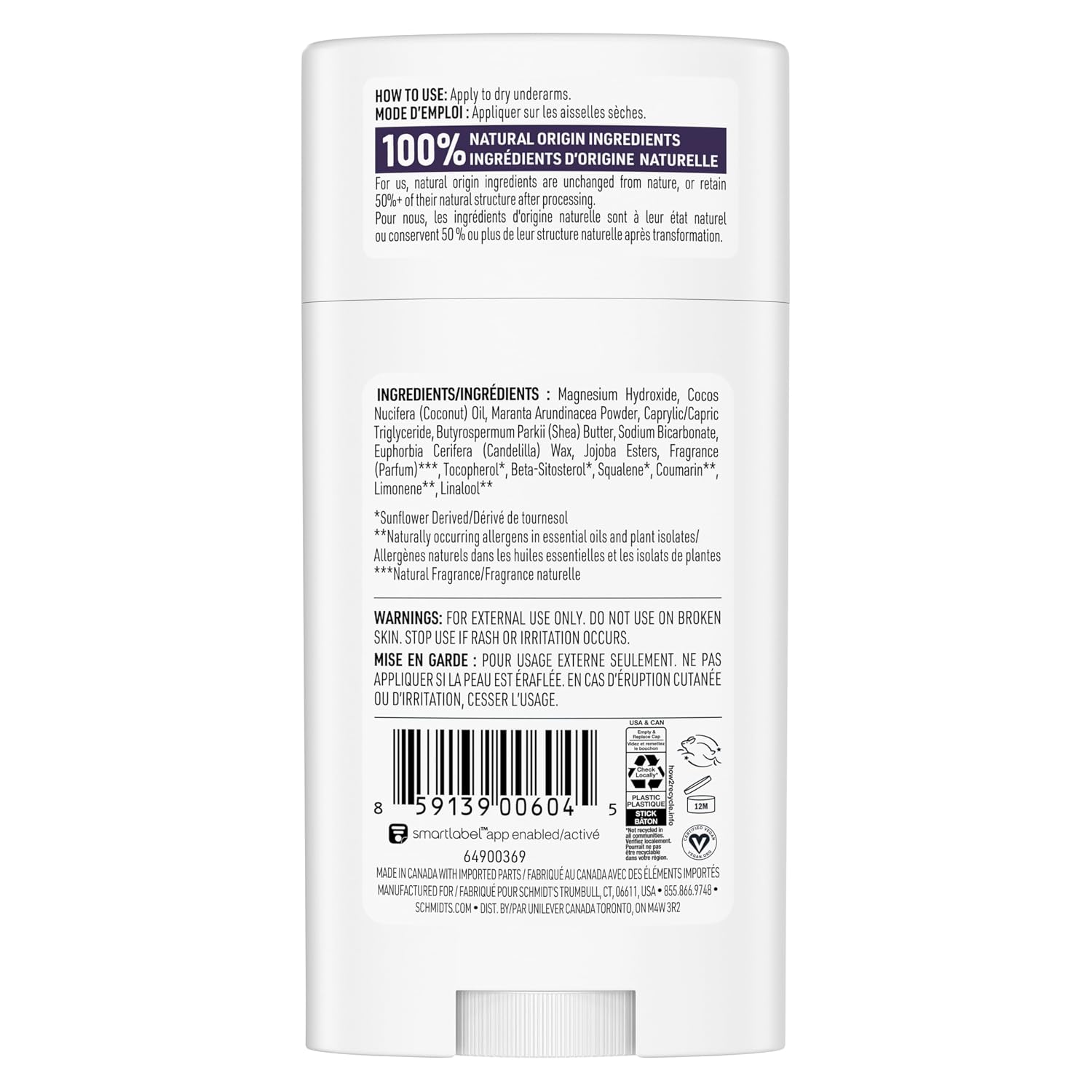 Schmidt's Aluminum-Free Vegan Deodorant Lavender & Sage with 24 Hour Odor Protection, for Women and Men, Natural Ingredients, Cruelty-Free, 2.65 oz