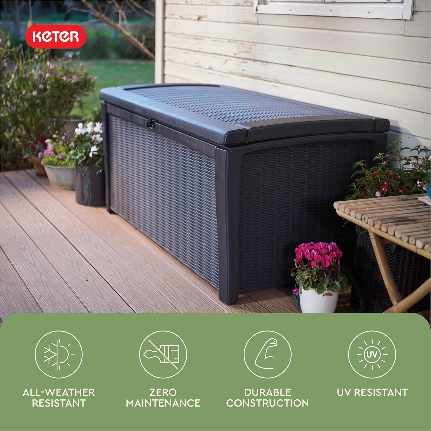 Keter Borneo 110 Gallon Resin Deck Box - Organization and Storage for Patio Furniture, Outdoor Cushions, Throw Pillows, Garden Tools and Pool Toys, Brown | for Patio, Backyard & Garden - Lockable, Organizing, and Waterproof Plastic Container Bench