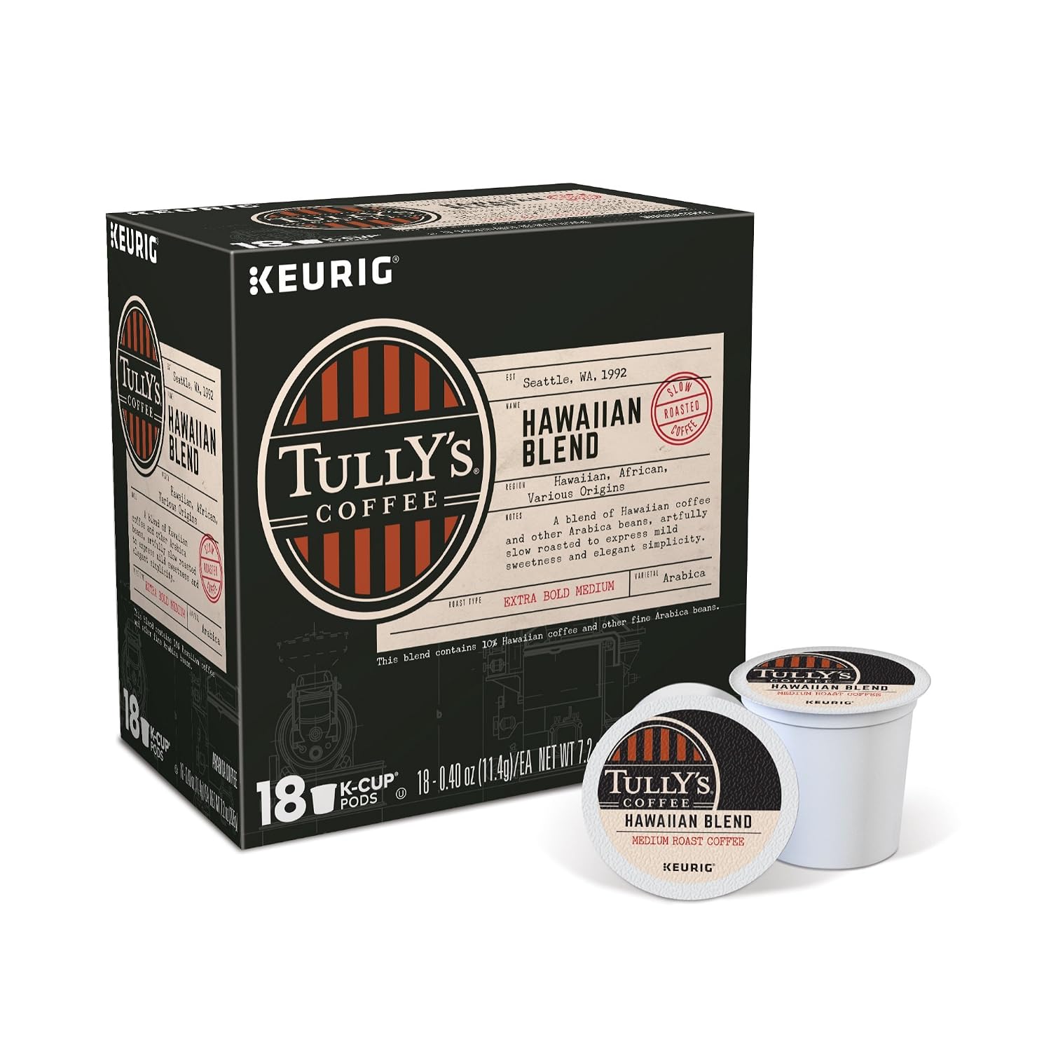 Keurig, Tully's Hawaiian Blend, Medium Roast Coffee Extra Bold 24 K-Cup Single Serve Packs