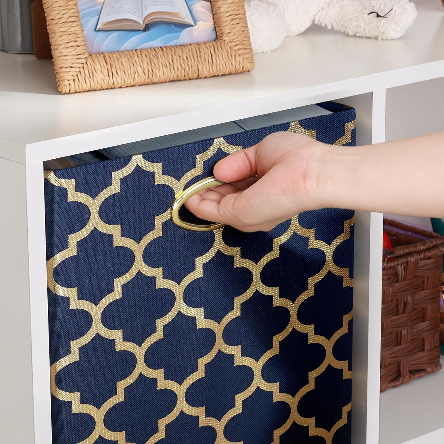 Posprica Storage Bins, Storage Cubes,13×13 Fabric Drawers Organizer Basket Boxes Containers (13×13×13/4pcs, Cream/gold geometry Pattern)