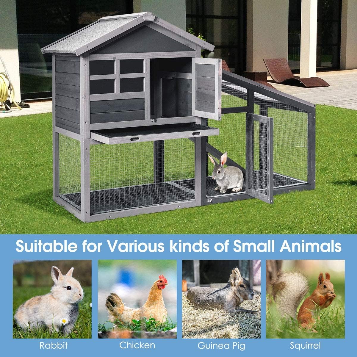 Tangkula Rabbit Hutch Indoor Outdoor, Wooden Chicken Coop, Bunny Hutch with Run, Ventilation Door, Removable Tray, Ramp, Sunlight Panel