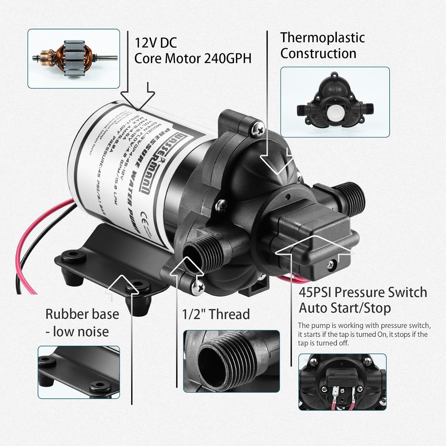 RV Water Pumps 115V AC Pressure Pump with Pressure Switch, Self-priming Water Pump 4.0GPM 45PSI, Fresh Water Pump for RV, Kitchen Barthroom Camping Marine Yacht Garden Diaphragm Pump115volt