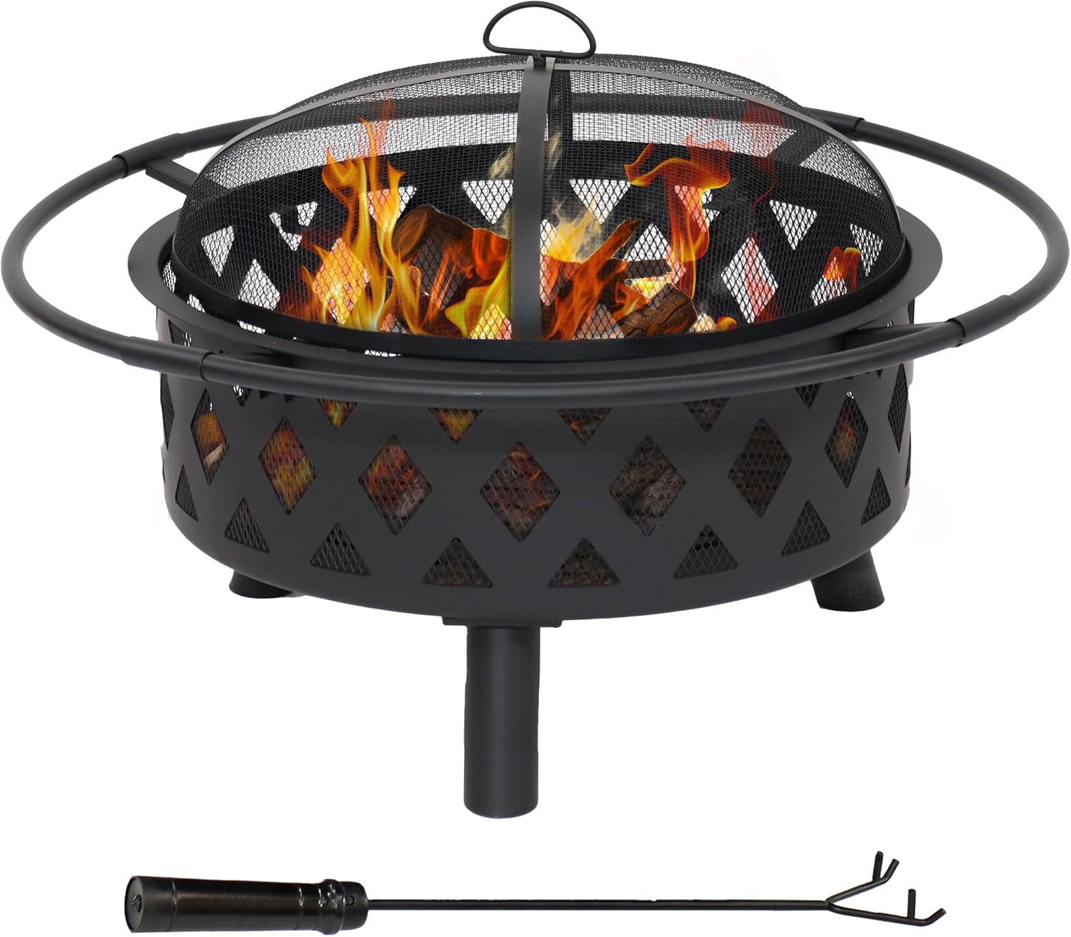 Sunnydaze Crossweave Large Outdoor Fire Pit, Wood Burning, Round, 36" | Black, Heavy Duty Steel Metal, Patio Fire Pit with Spark Screen, Poker, & Cover, Wood Firepit for Outside, Backyard, or Deck