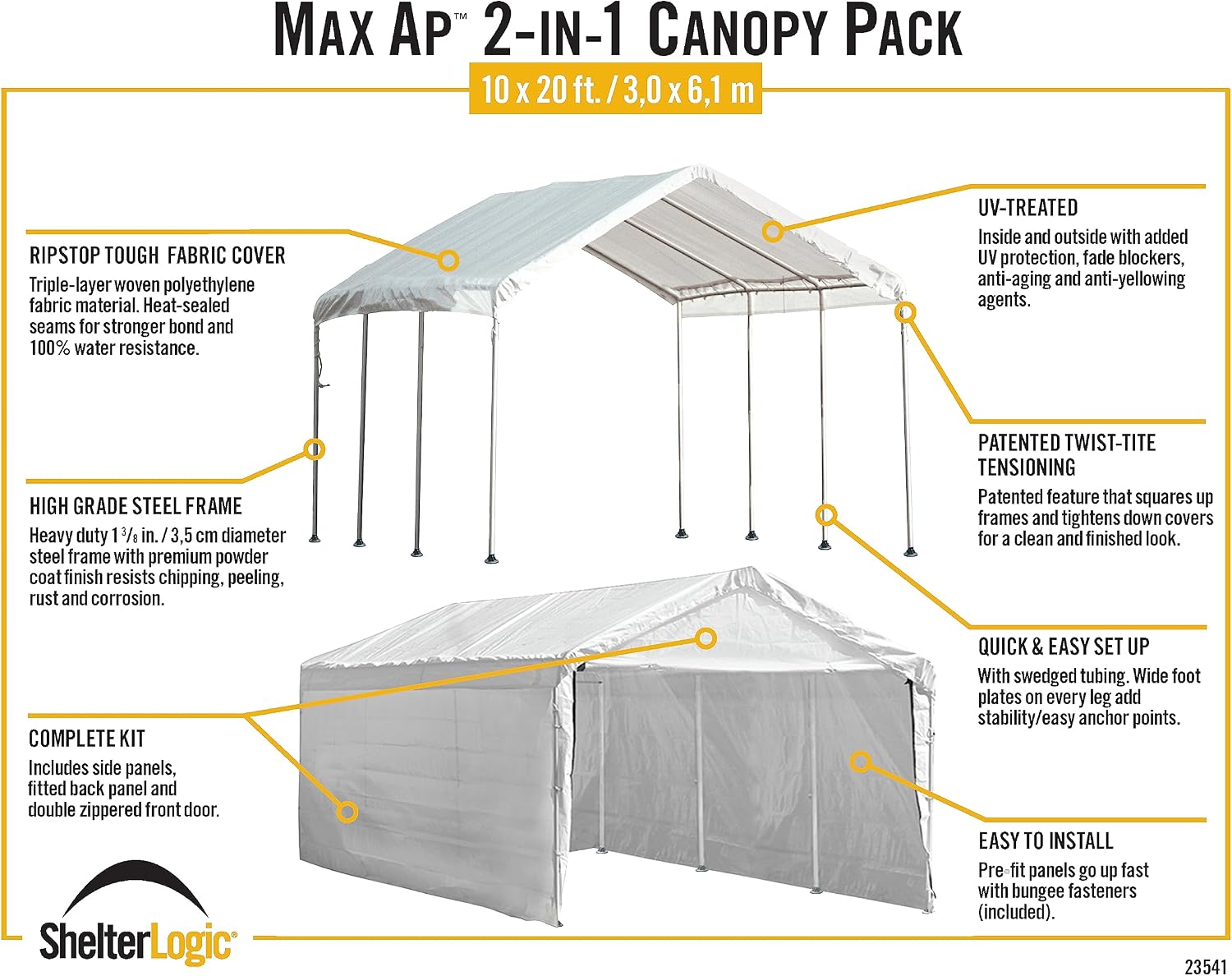 ShelterLogic 10' x 10' MaxAP Canopy Series Compact Outdoor Easy to Assemble Steel Metal Frame Canopy with 50+ UPF Sun Protection and Waterproof Cover, White, 23521
