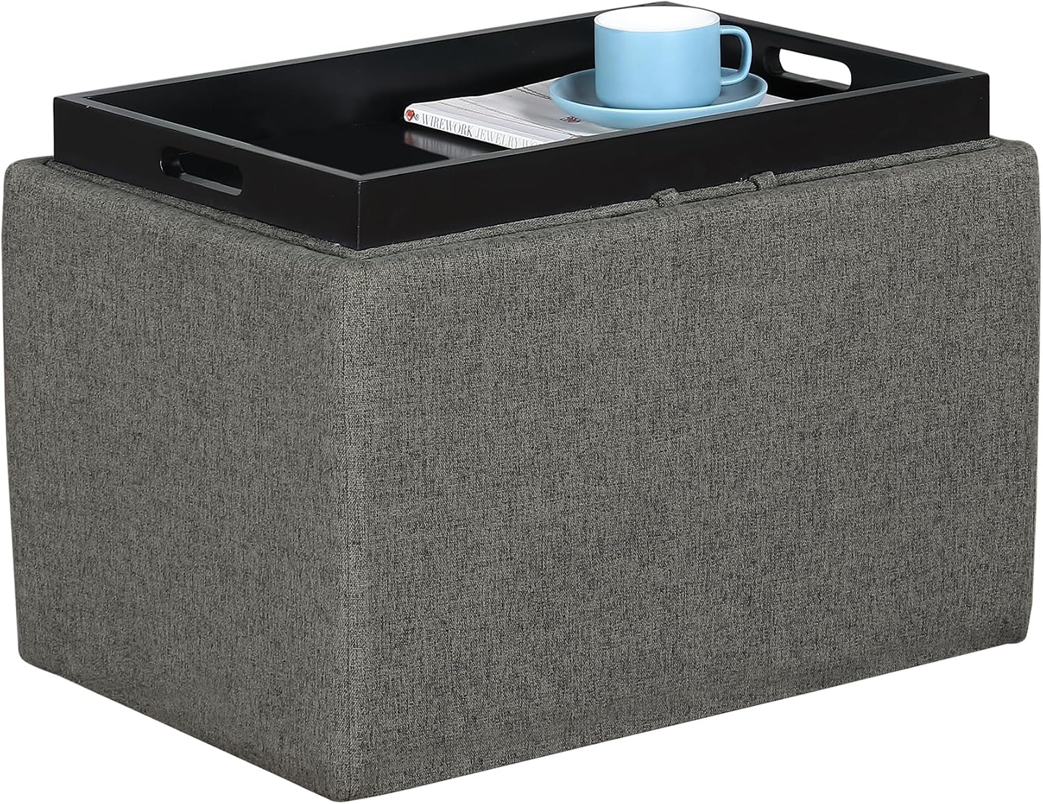 Convenience Concepts Designs4Comfort Accent Storage Ottoman 22.75" - Modern Foot Stool with Decorative Tray for Living Room, Dining Room, Office, Blue Faux Leather