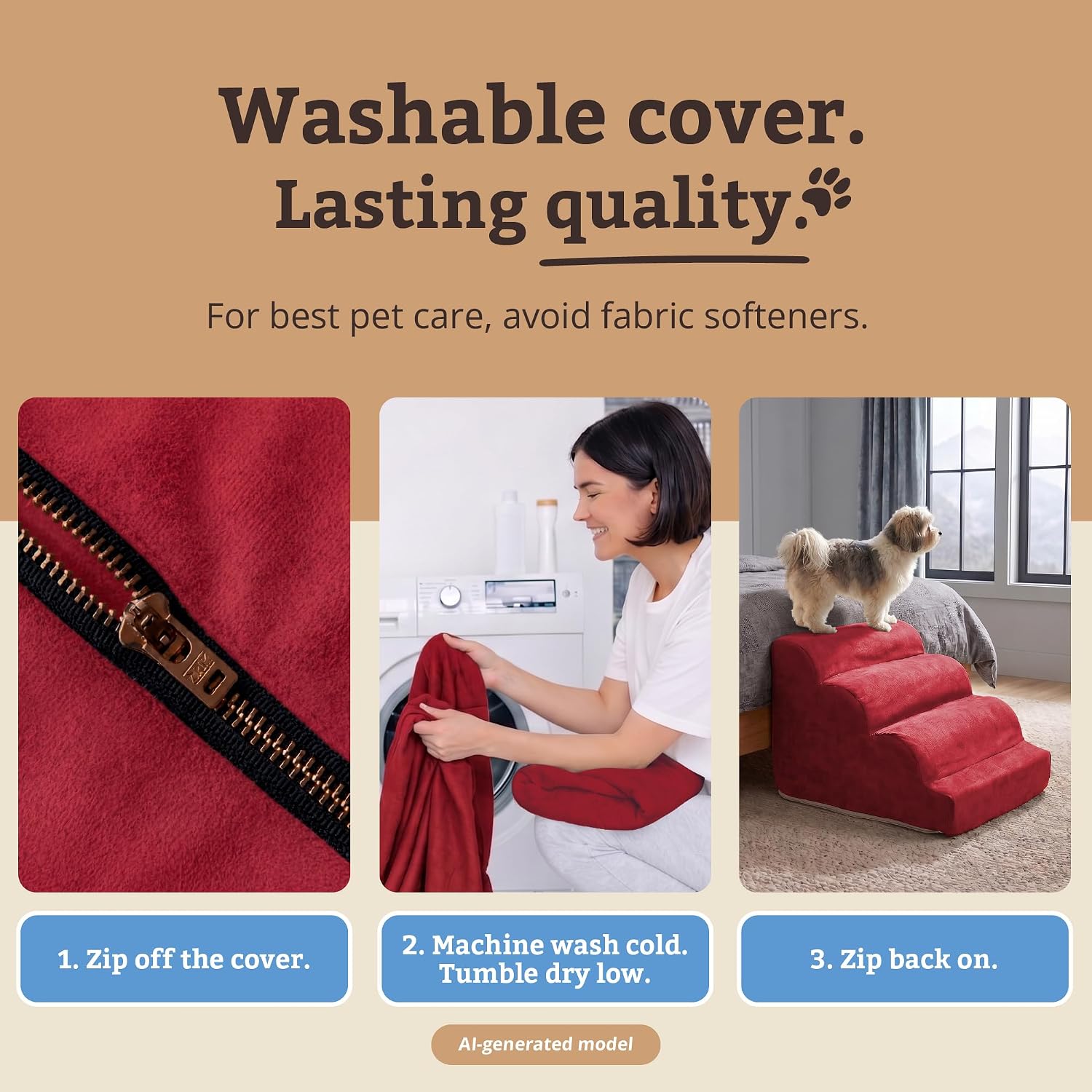 Snoozer Scalloped Dog Ramp, 14” Tall Foam Pet Stairs, 3 Steps, Red | Lightweight & portable foam dog stairs, Removable washable cover, Great for small, old, or injured pets up to 100lbs